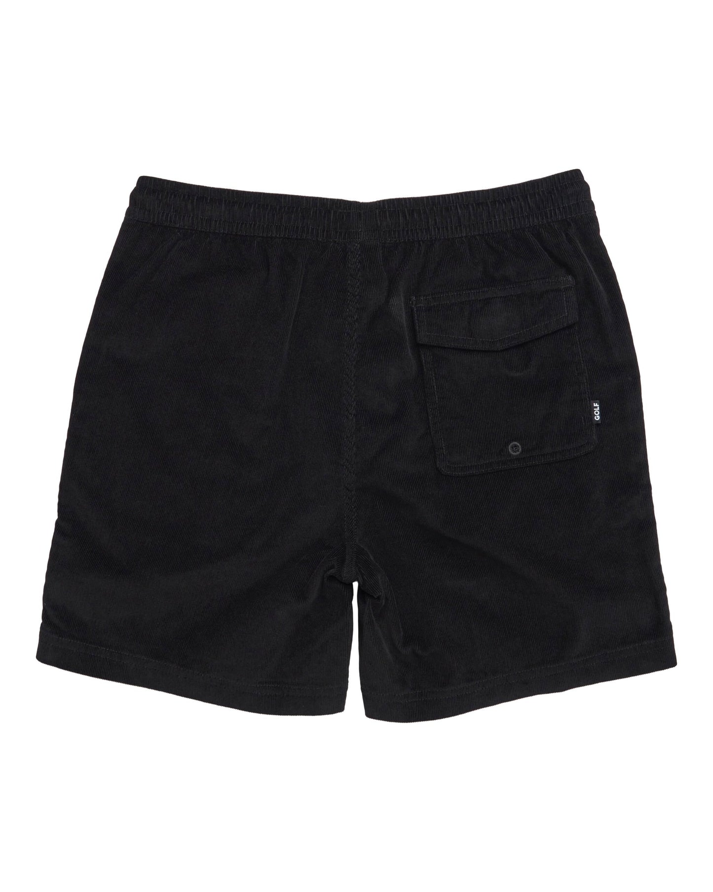 Back of black corduroy shorts with an elastic waist and a buttoned flap pocket.