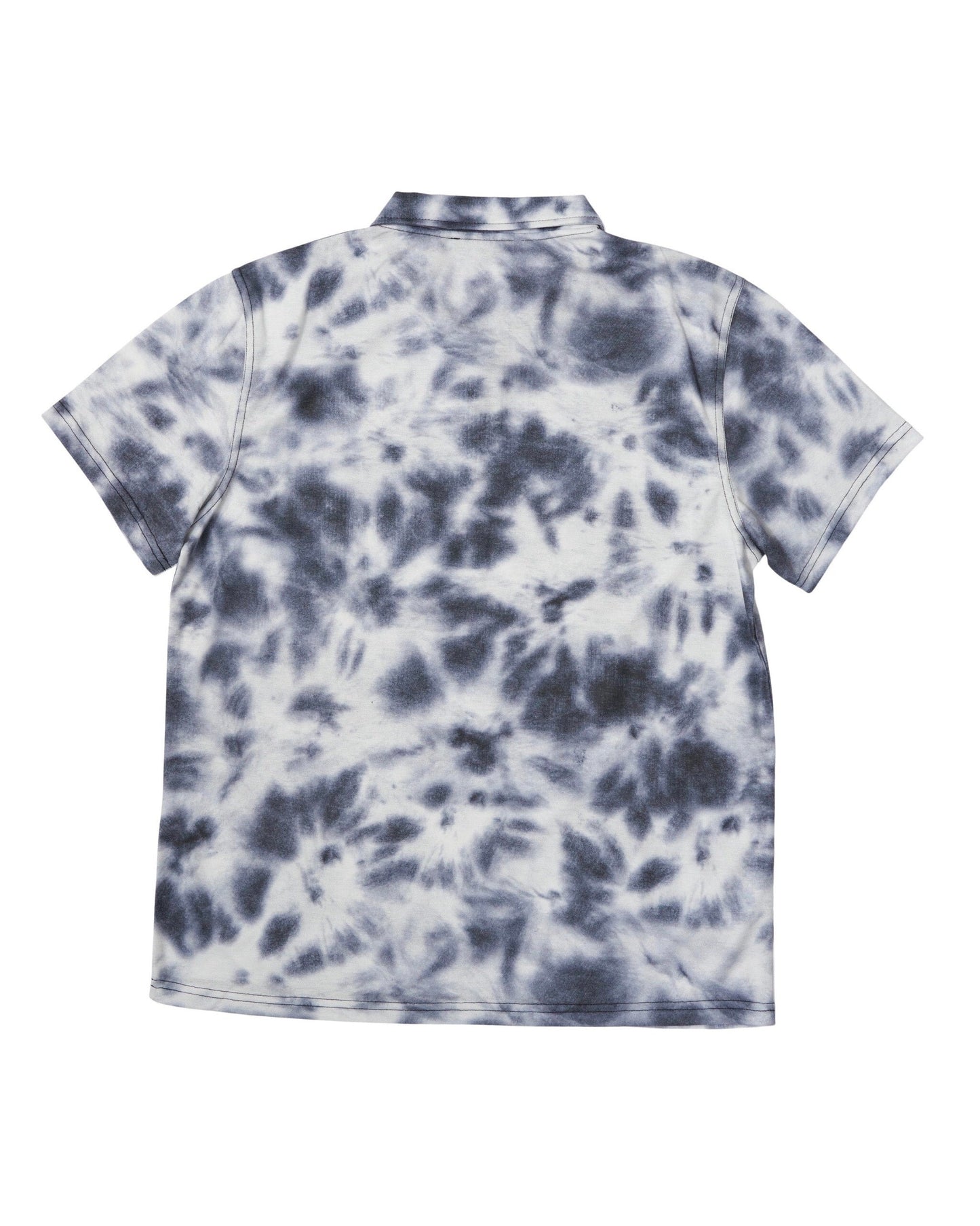 Back of a black and white tie-dye polo shirt with short sleeves and a standard folded collar.