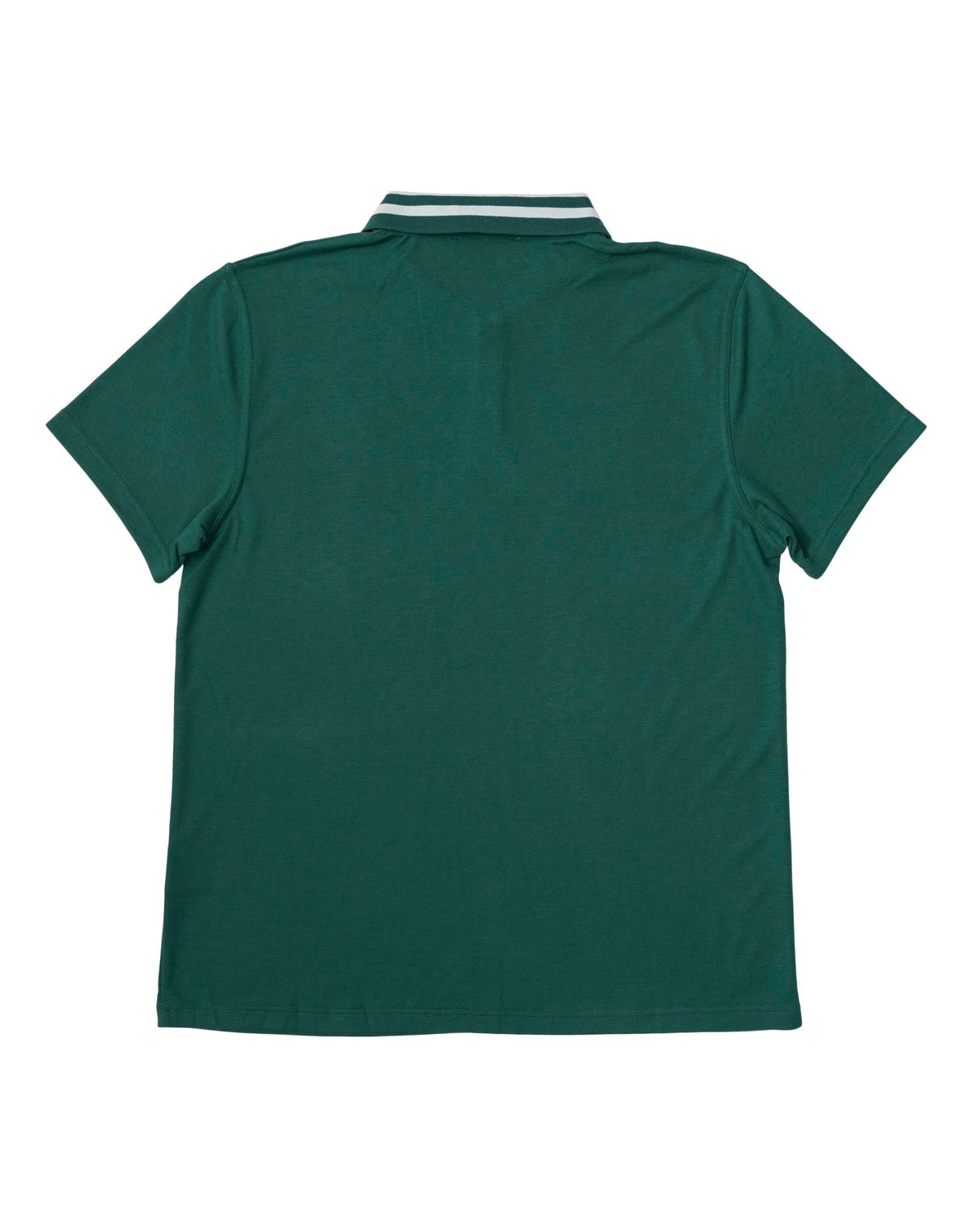 Back of a green polo shirt with short sleeves and a white striped collar trim.