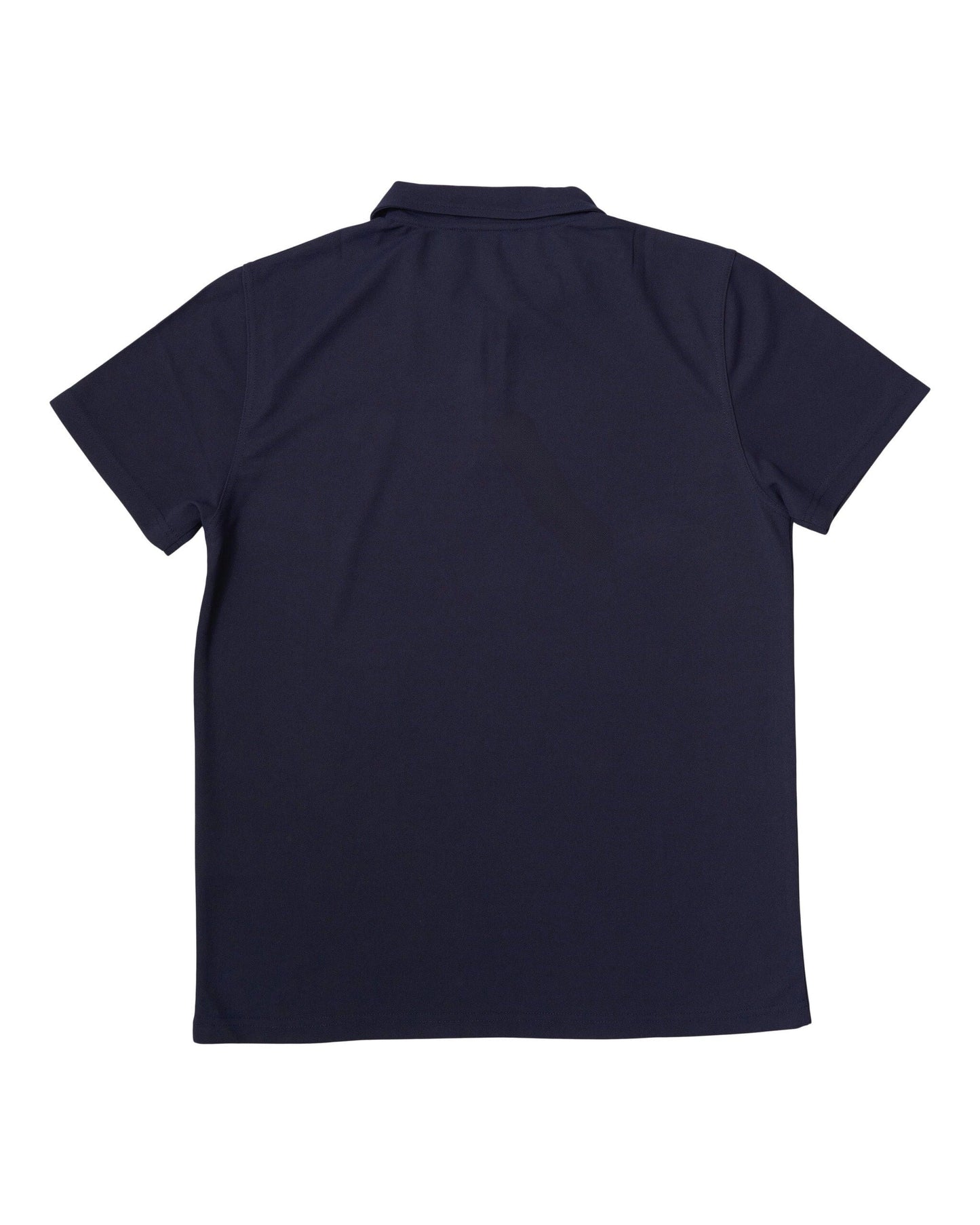 Back of a plain navy blue short-sleeved polo shirt featuring a standard collar and straight hem.