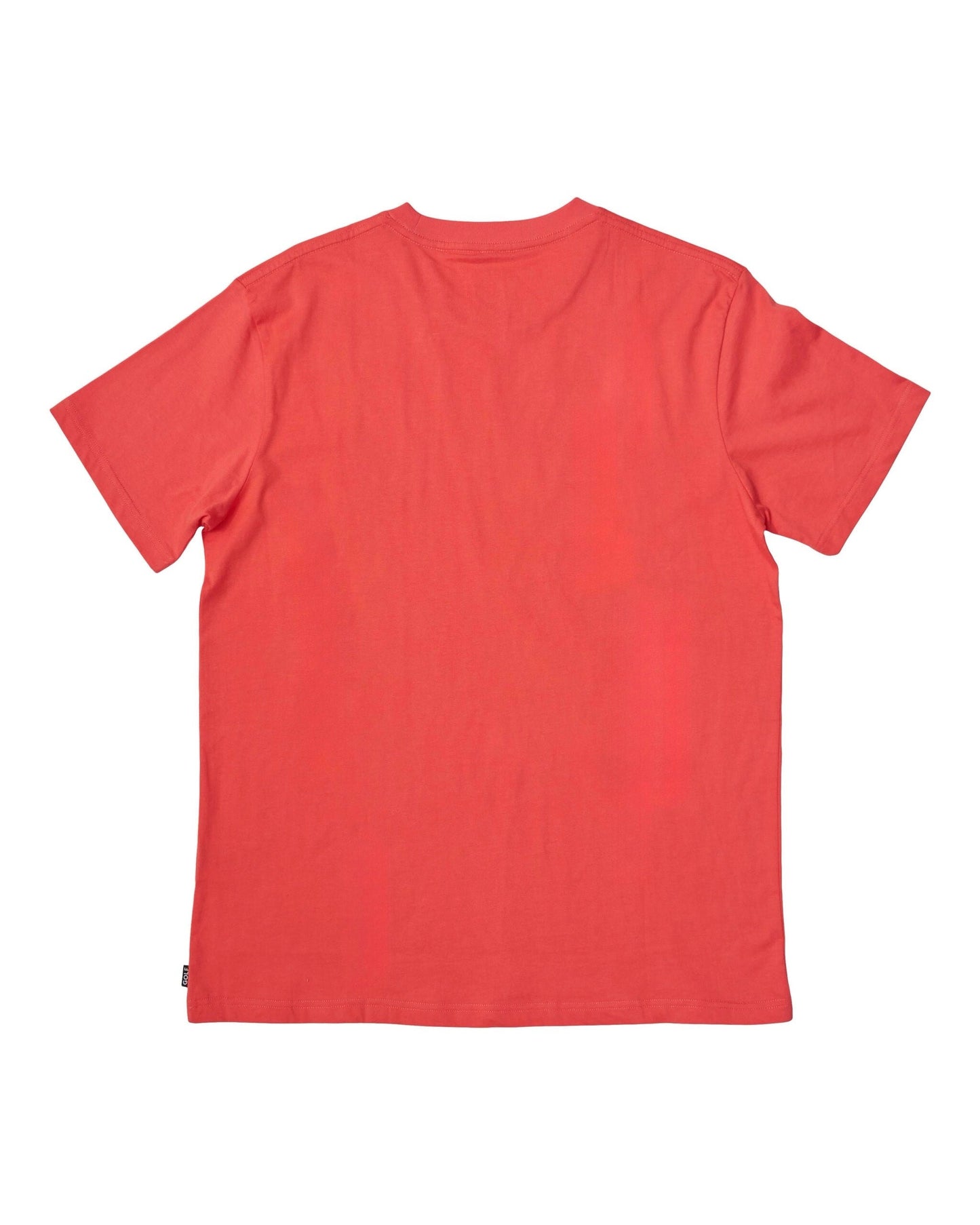 Back of a plain blood orange crew neck t-shirt with short sleeves and a small hem tag.