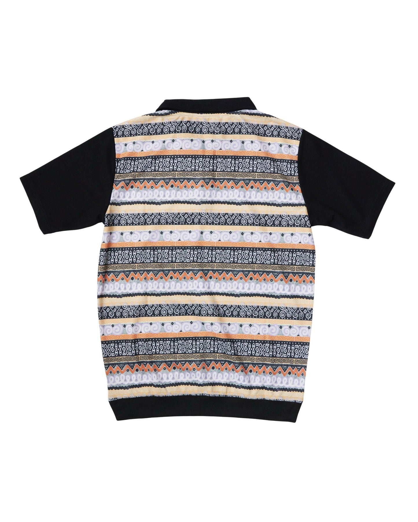 Back of a black polo shirt with an ornate patterned panel featuring geometric stripes in orange, white, and blue.