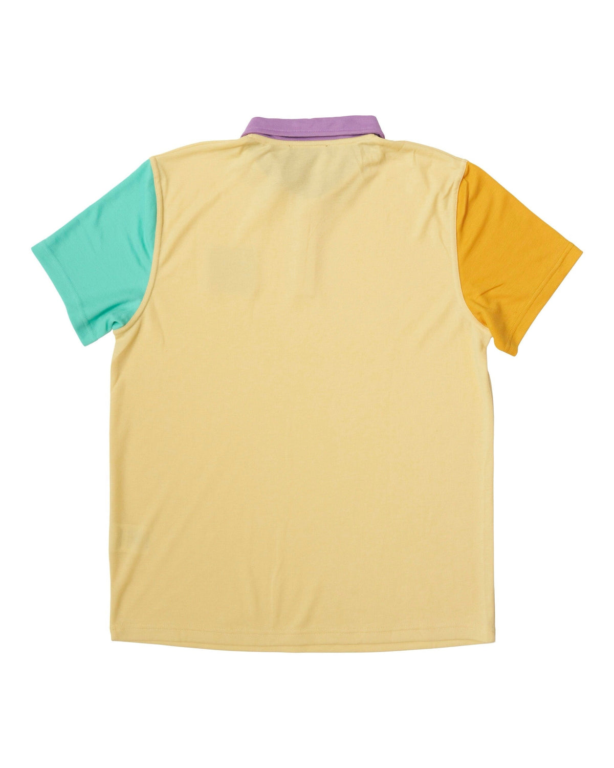 Back of a tan polo shirt featuring a purple collar, a turquoise left sleeve, and a yellow right sleeve.