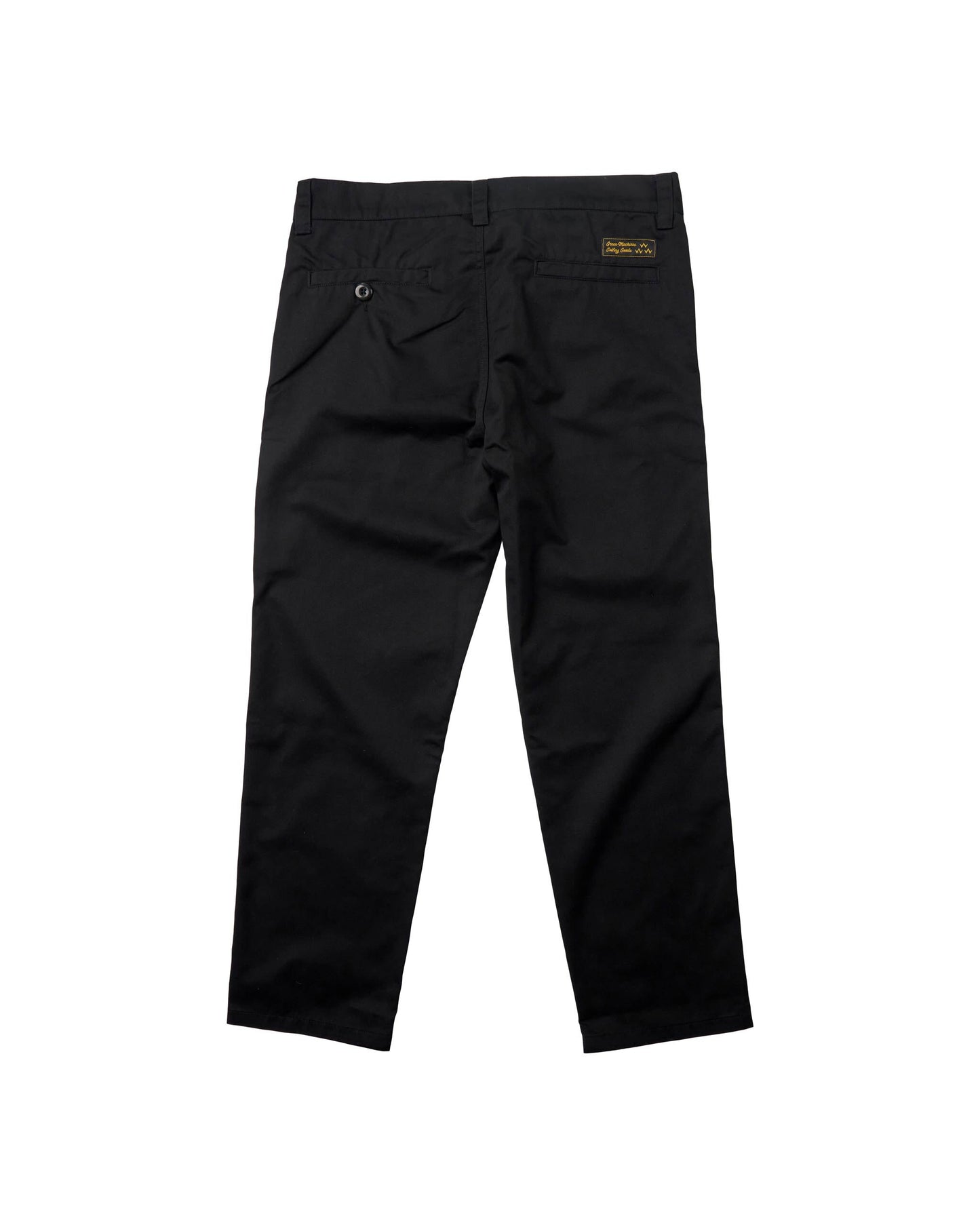 Back of black cotton blend pants with belt loops, two back pockets, and a rectangular brand patch.