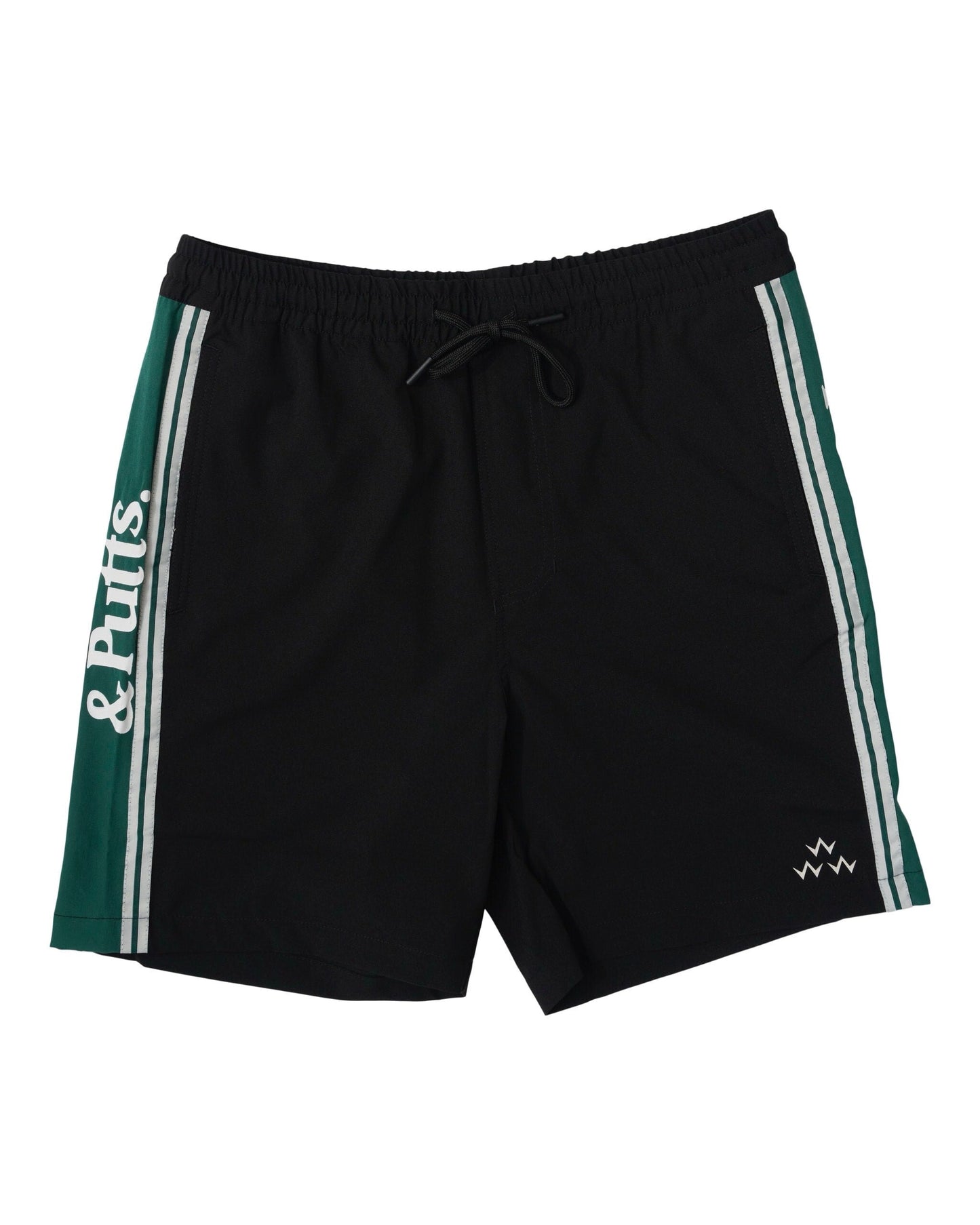 Black shorts with an elastic drawstring waist, green side panels with white text and stripes.