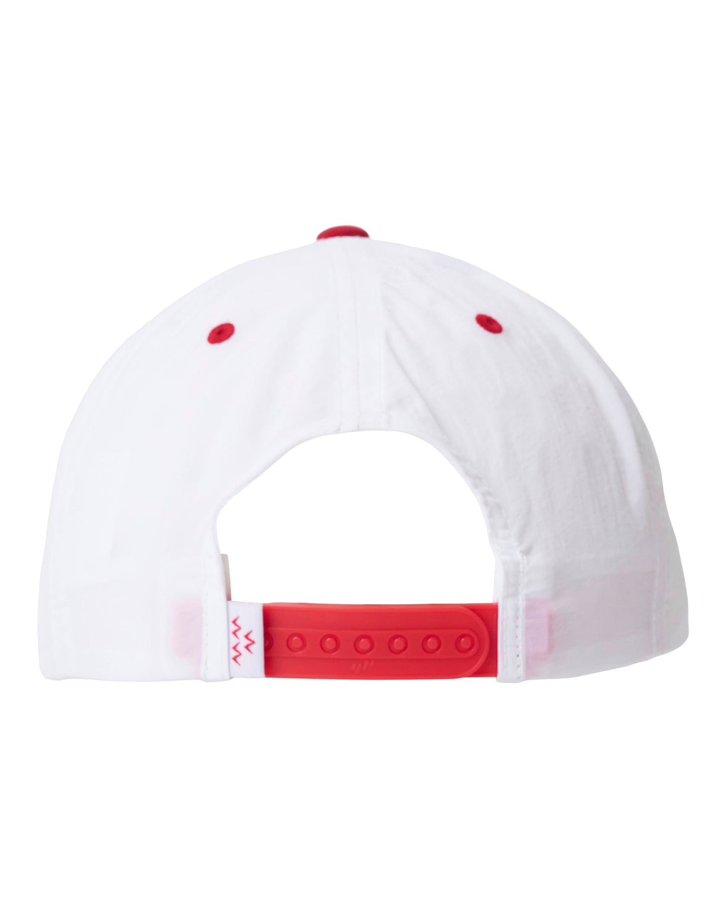 Back of a white snapback cap with a red adjustable strap and red top button and eyelets.