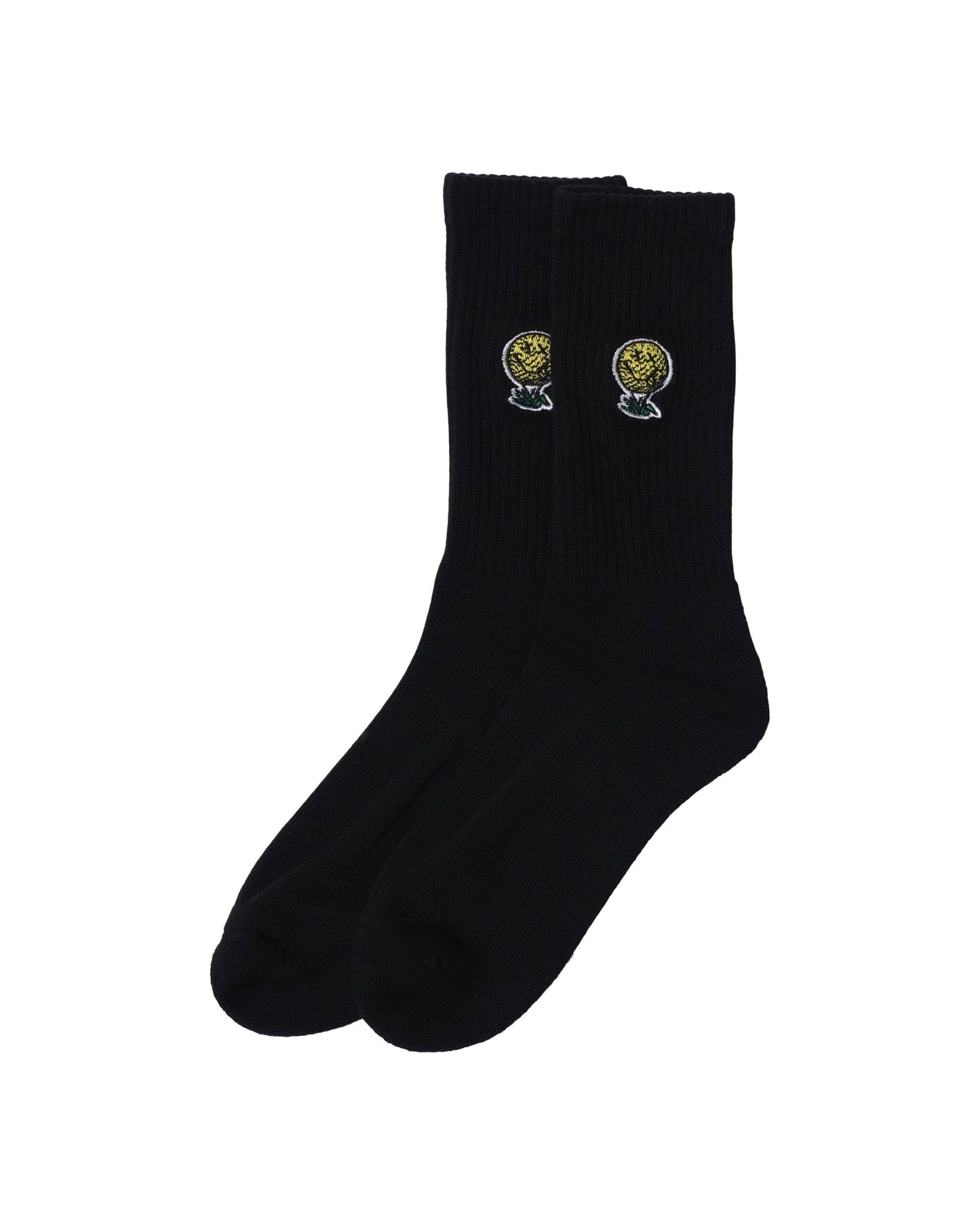 Black crew socks featuring an embroidered golf ball and tee motif on the ribbed cuff sides.