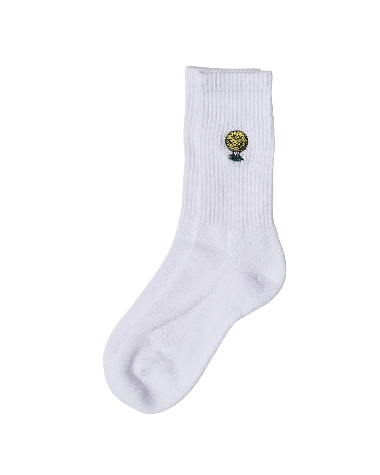 White crew sock featuring a ribbed leg and an embroidered yellow golf ball and tee motif near the top.
