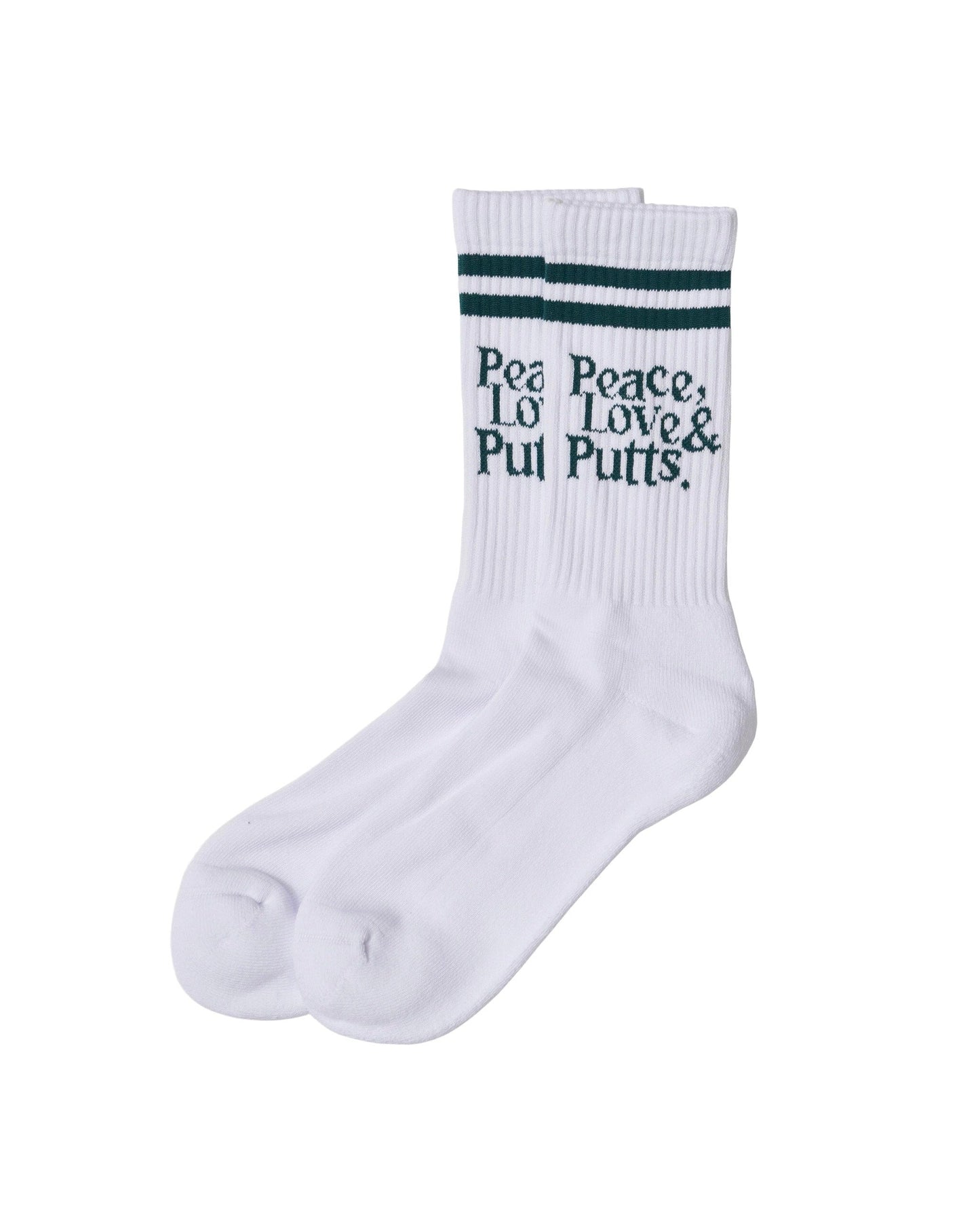 White crew socks featuring dark green double stripes at the cuff and Peace, Love & Putts text.