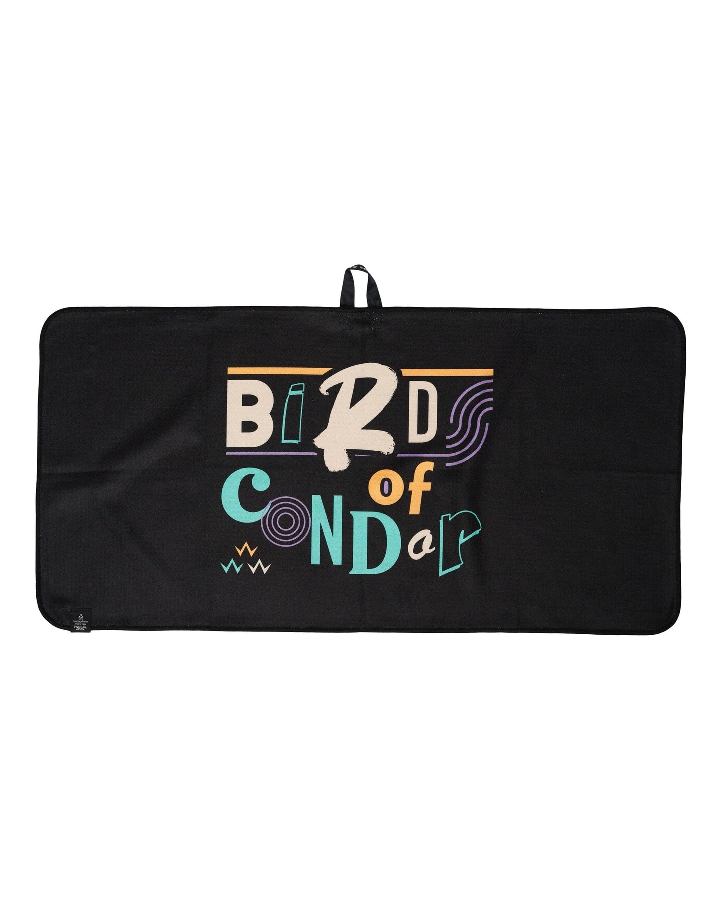 Black golf towel with a central multicolored graphic reading Birds of Condor in cream, teal, and orange.