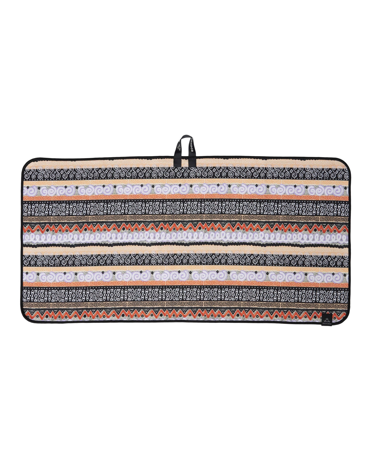 A golf towel with a multicolor geometric pattern, featuring a printed nylon loop hanger.