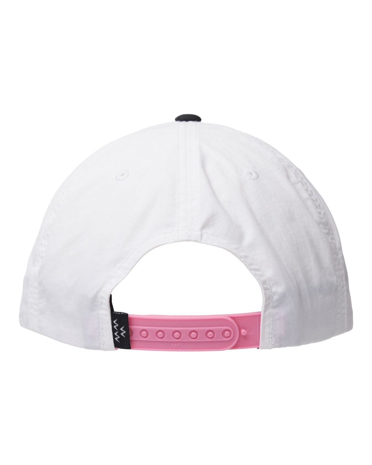 Back of a white nylon snapback cap with a pink plastic closure and a small black woven tag on the strap.