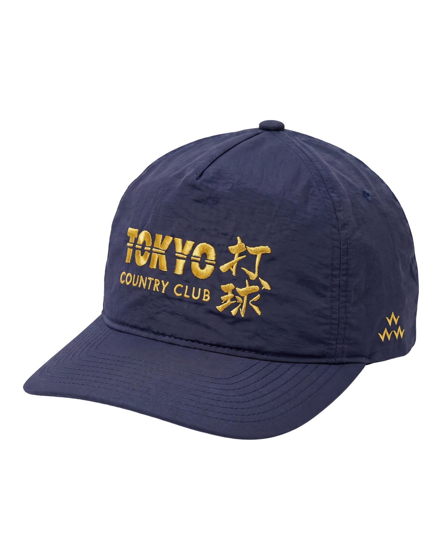 Navy baseball cap made of lightweight nylon with embroidered front logo "TOKYO COUNTRY CLUB" and small Triple Eagle logo on the side