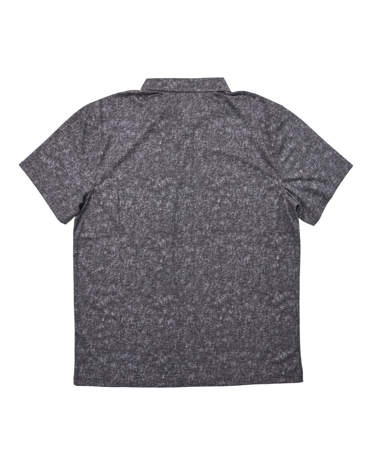 Back of an acid black polo shirt featuring an all-over mottled texture and a standard collar.