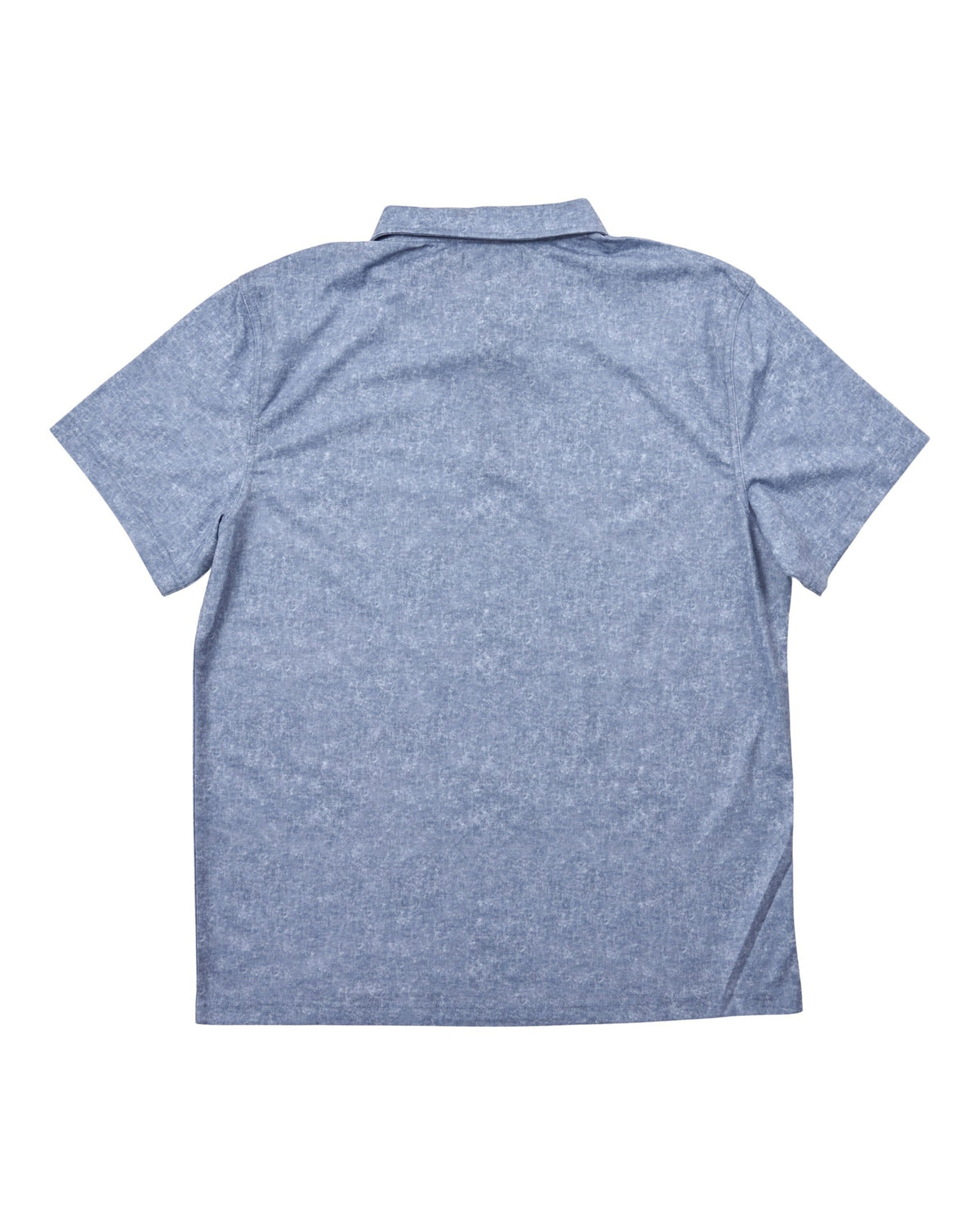 Back of an acid blue polo shirt with an all-over mottled print and a standard collar.