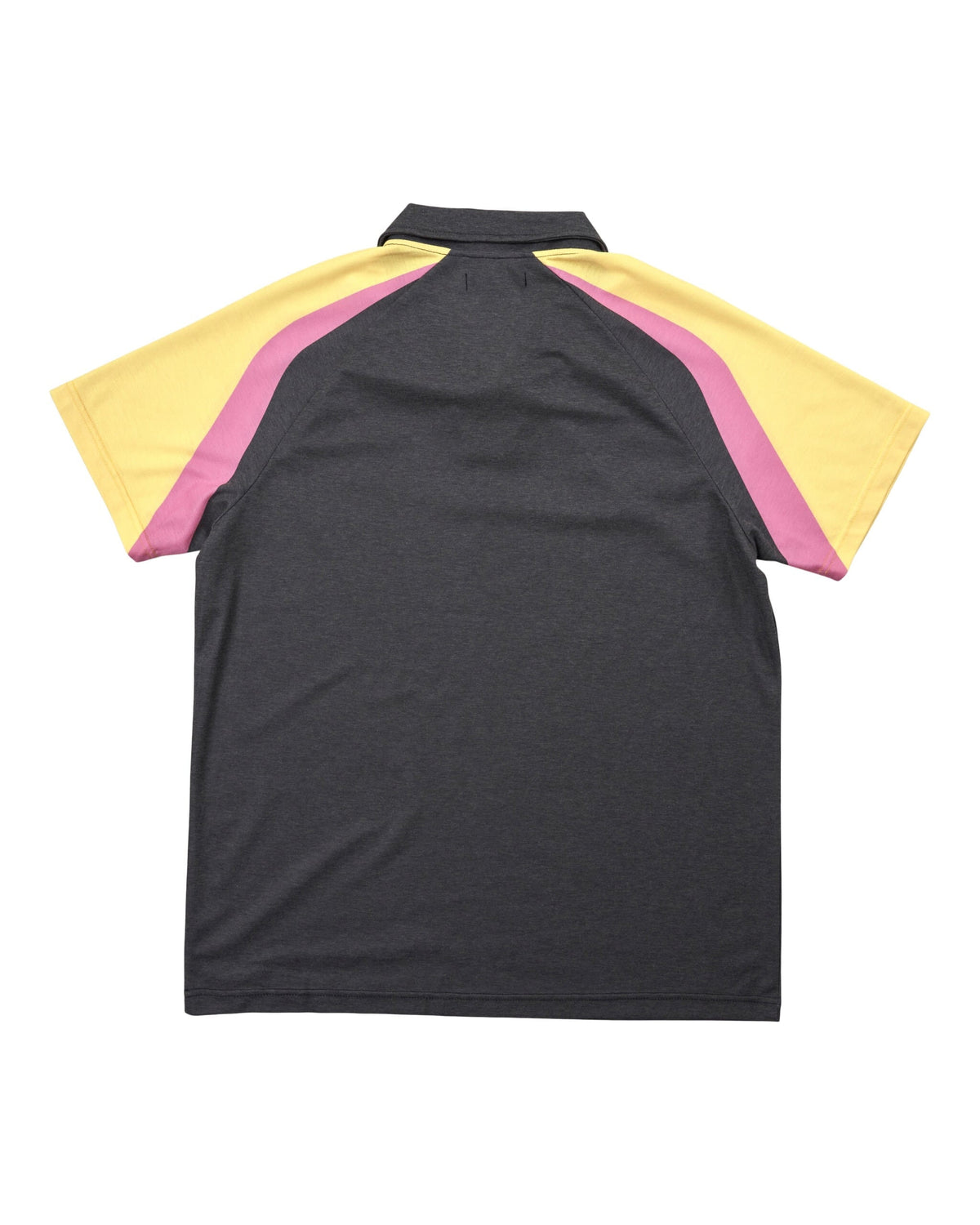 Back of a black polo shirt featuring yellow and pink race stripes across the shoulders.
