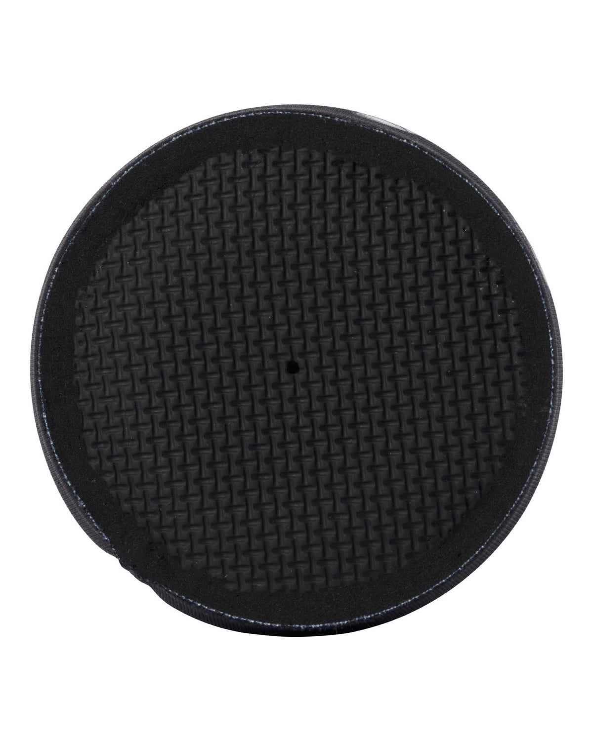 Detail of a black beer koozie featuring a textured woven base with a small central hole.