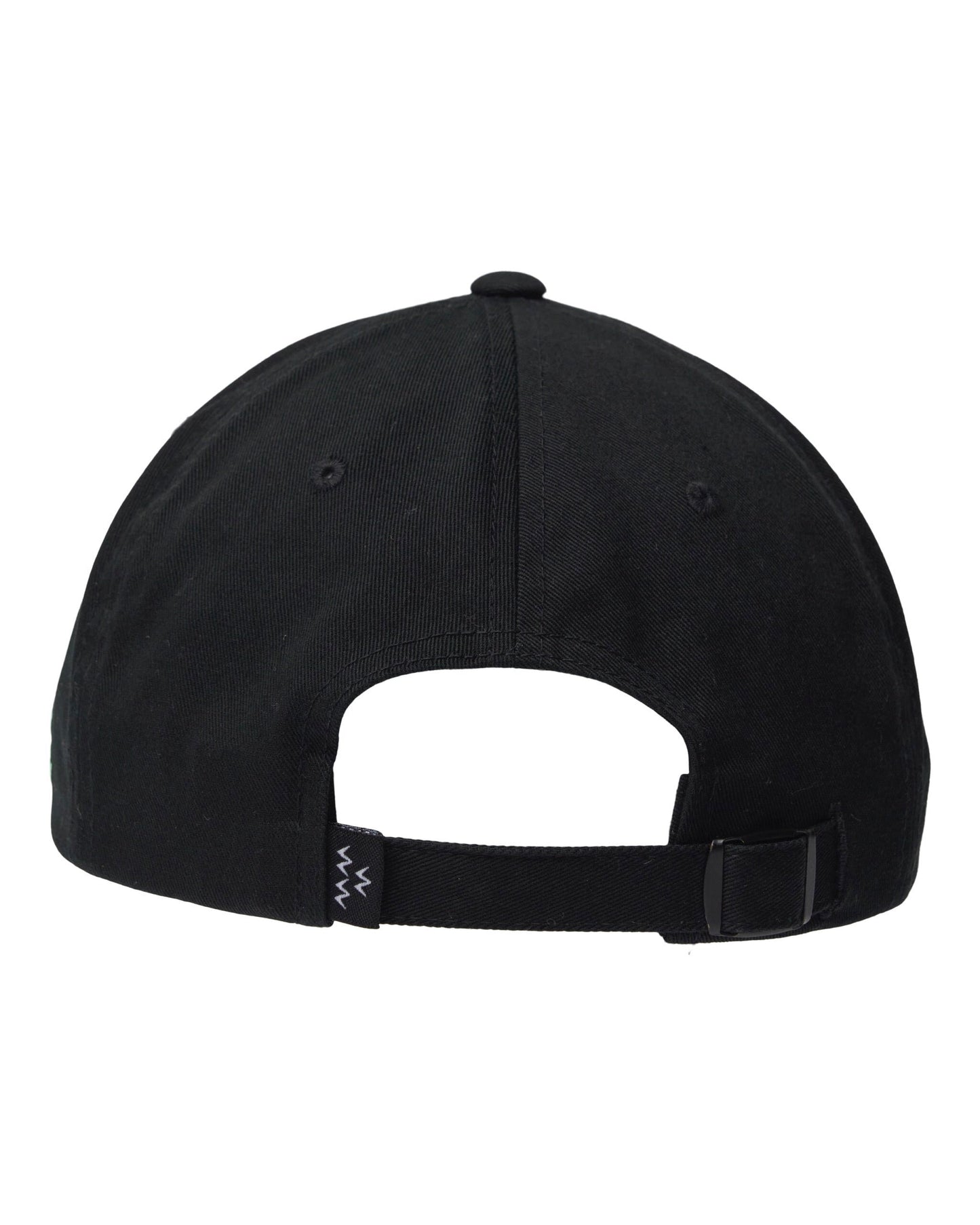Back of black headwear with a strapback closure, metal slider, and a small woven label.