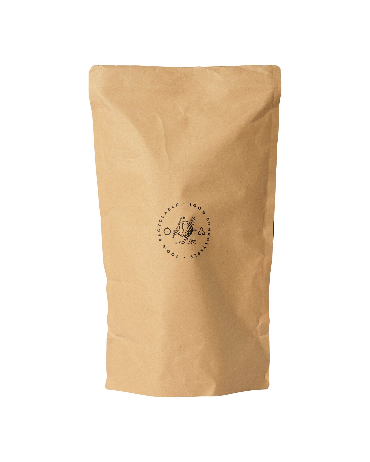 Brown paper packaging bag featuring a round circular text logo with a smiling golf ball character inside.