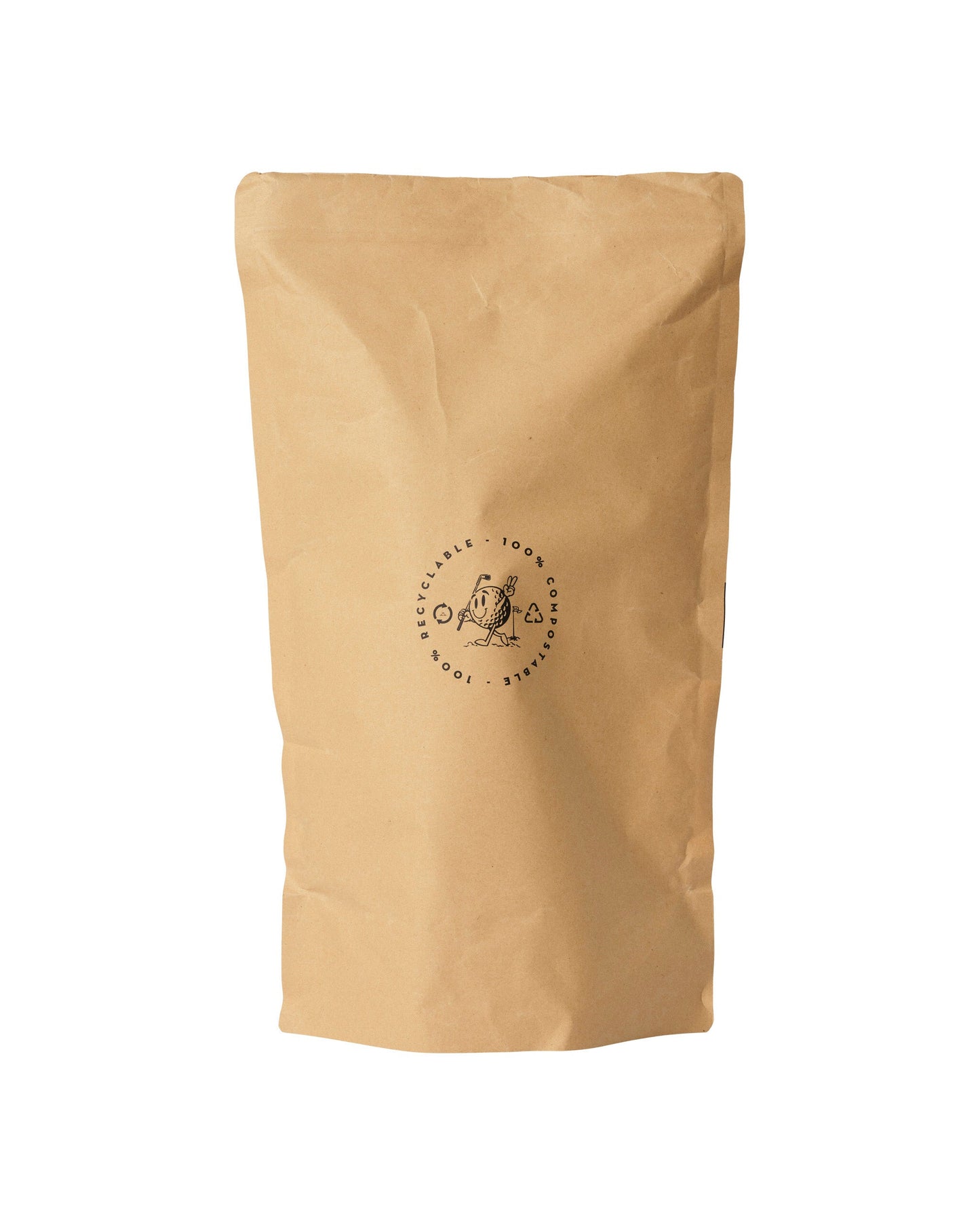 White headcover packaged in a wrinkled brown paper bag with a circular character graphic in the center.