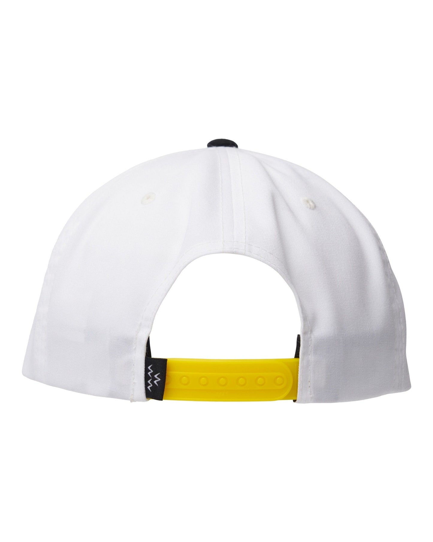 Back of a white snapback cap featuring a yellow adjustable strap and a black top button.