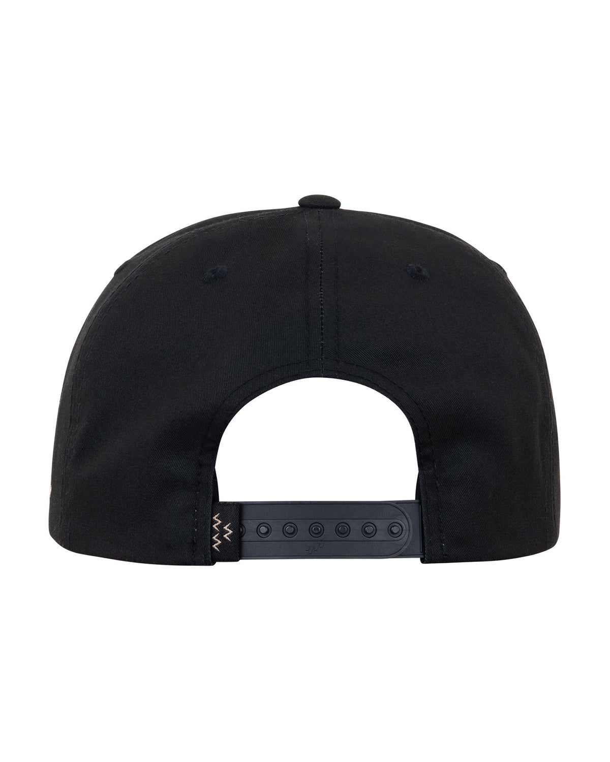 Back of a black 5-panel snapback hat with an adjustable plastic strap and a small embroidered zig-zag tag.