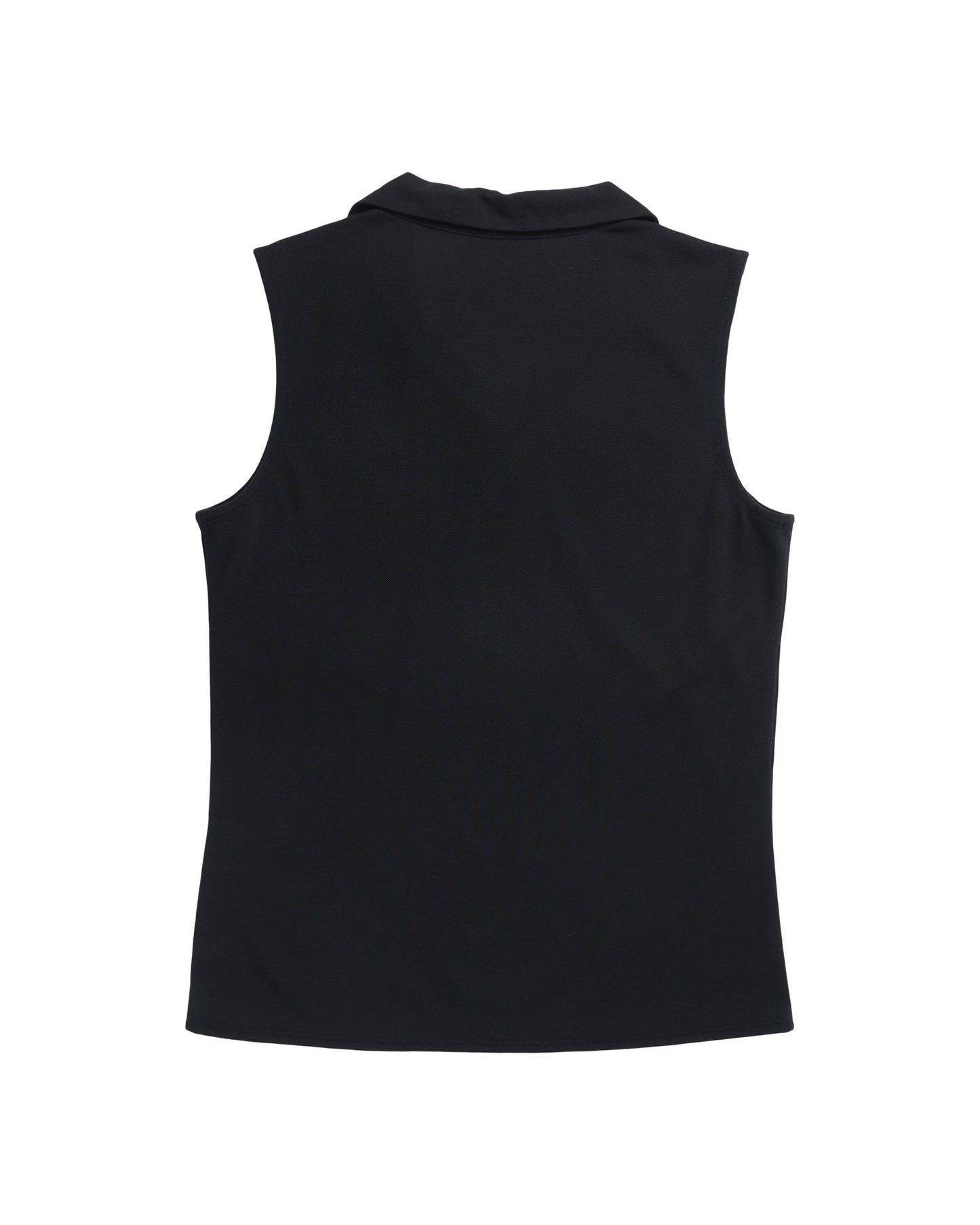 Back of a black sleeveless polo shirt with a collared neckline and a plain, unadorned reverse.