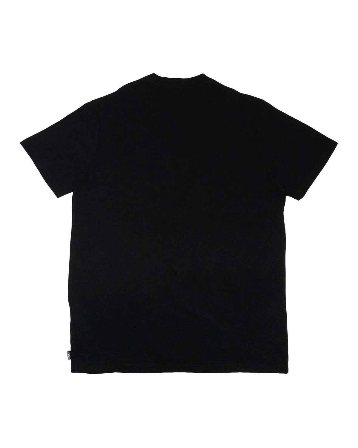 Back of a plain black t-shirt with short sleeves and a small logo tag on the lower left hem.