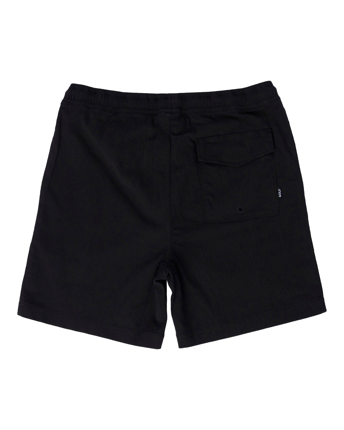 Back of black shorts with an elastic waistband and a velcro pocket on the right side.