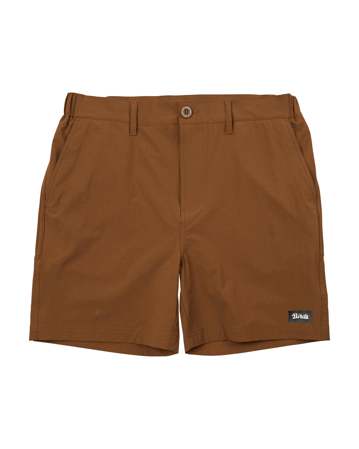 Rust shorts with belt loops, a front button, and a black logo label on the lower left leg hem.