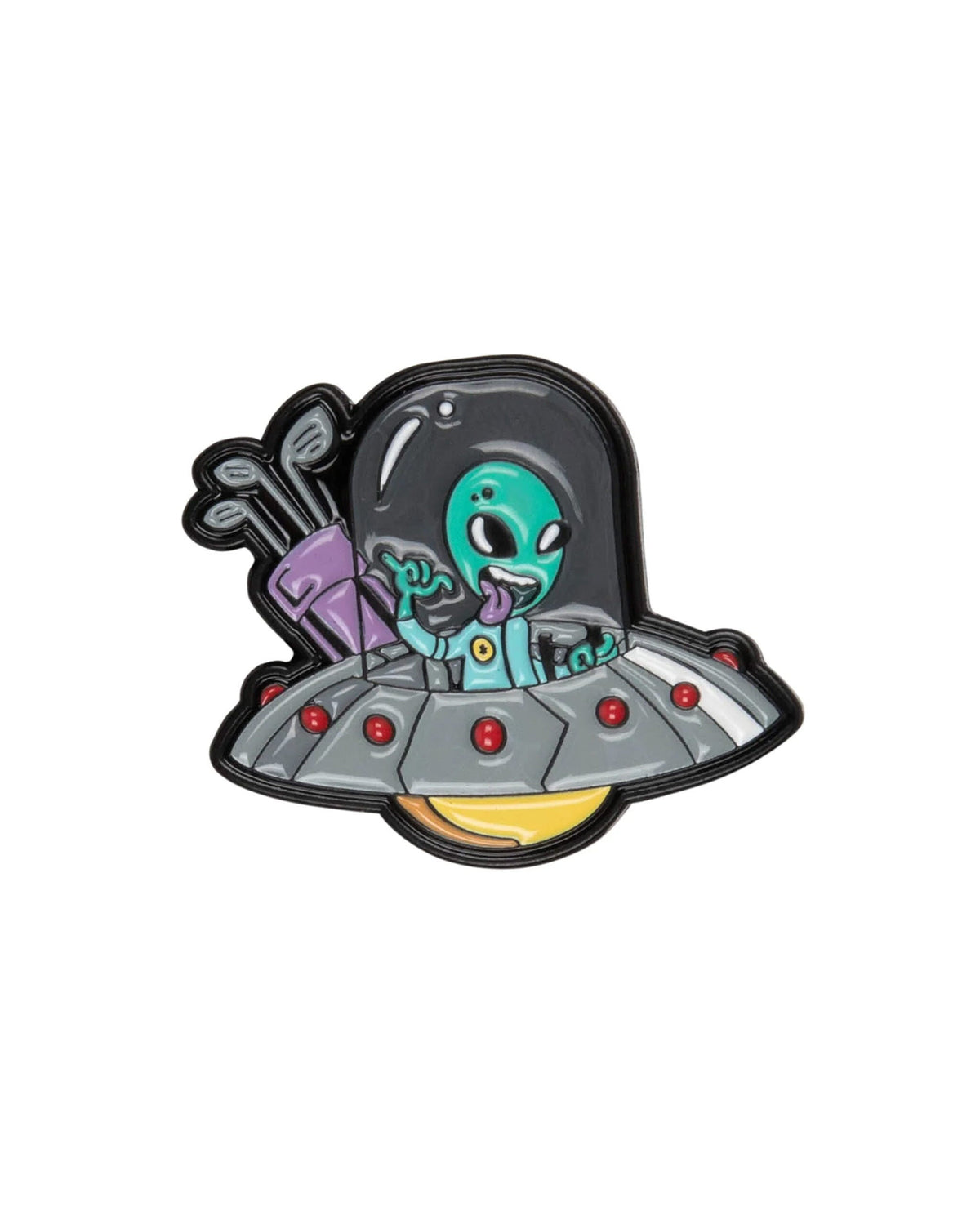 Black metal golf ball marker with a coloured design of an alien in a UFO throwing a shaka gesture.