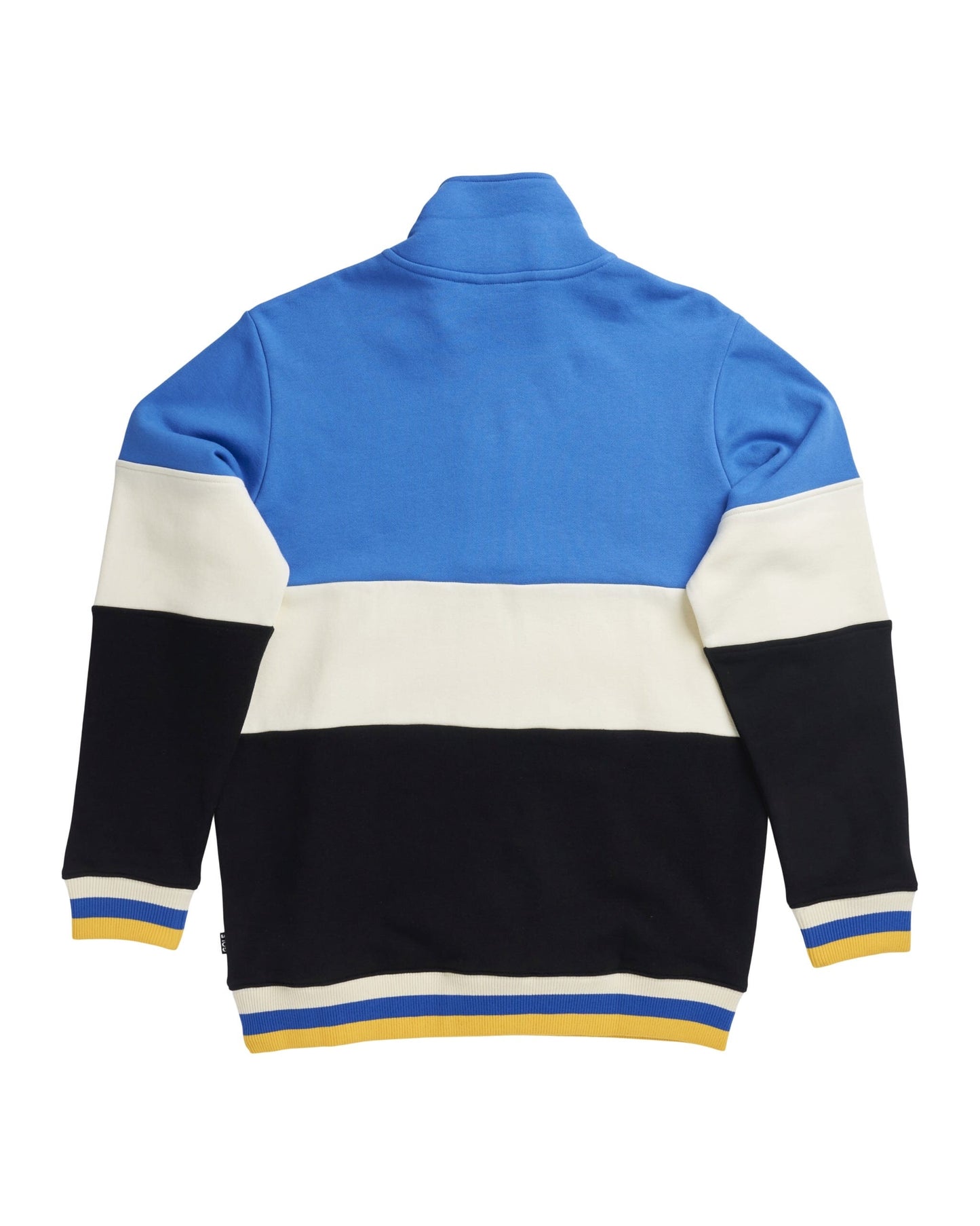 Back of an off-white, black, and blue sweater featuring a quarter-zip collar and ribbed cuffs.
