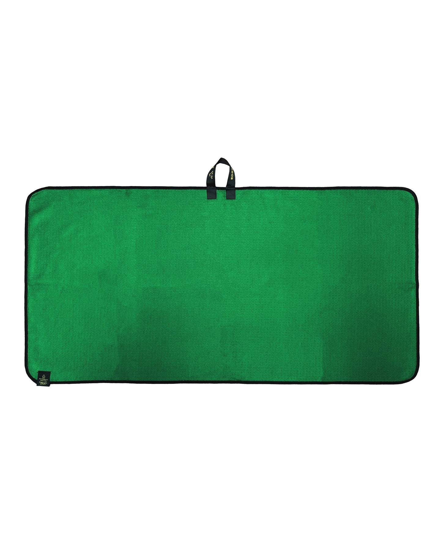 Green waffle texture golf towel featuring a black hanging loop and black border trim.