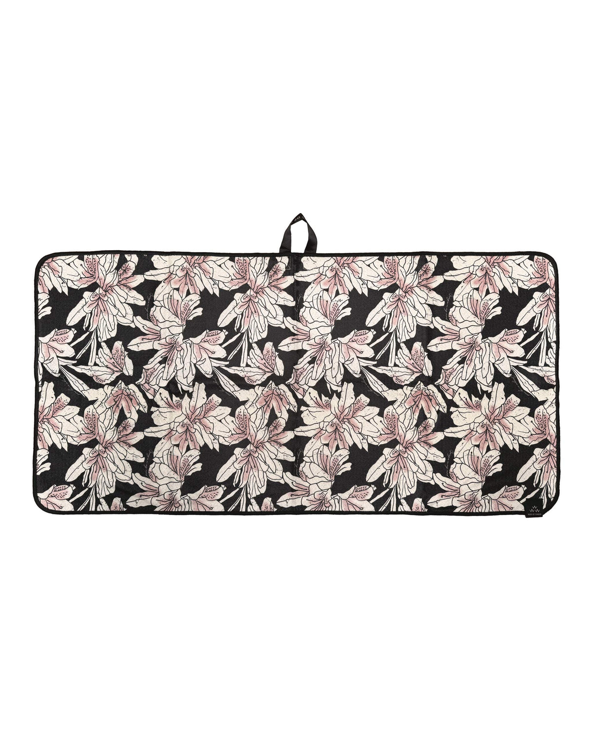 An azalea golf towel with a black background and a printed floral pattern of large, pale pink blossoms.