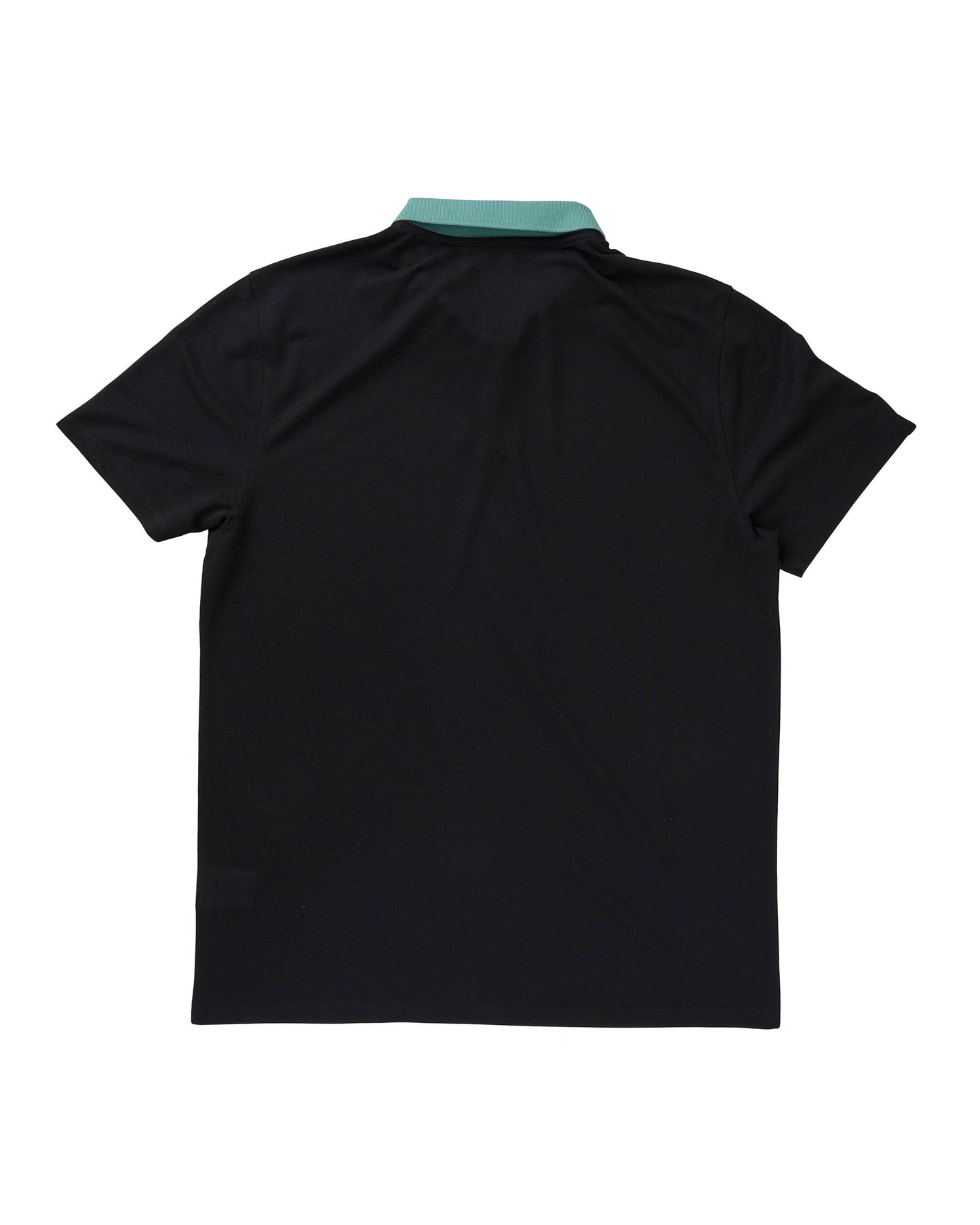 Back of a black polo shirt featuring a contrasting green collar and short sleeves.