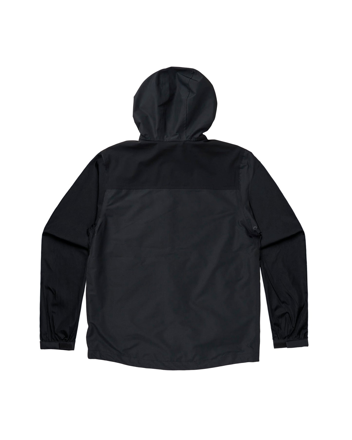 Back of a black rain jacket with a hood and a tonal shoulder panel.