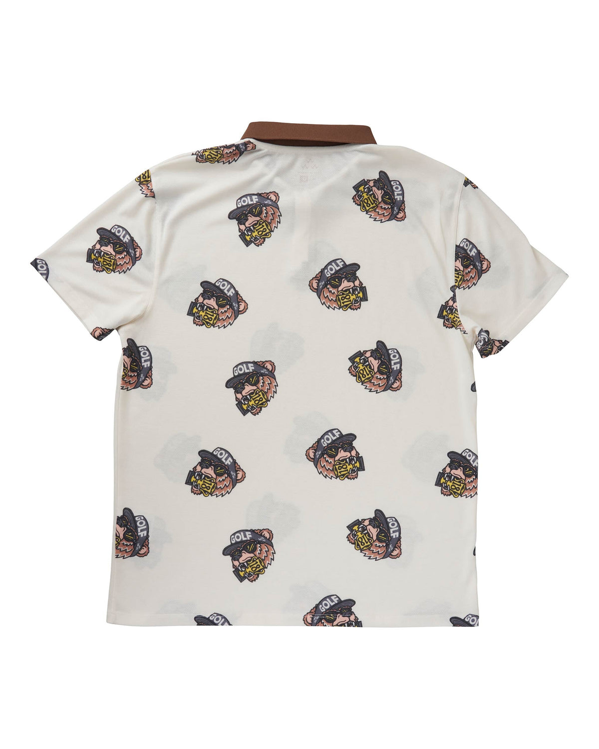 Back of an off-white polo shirt with a brown collar and an all-over bear graphic print.