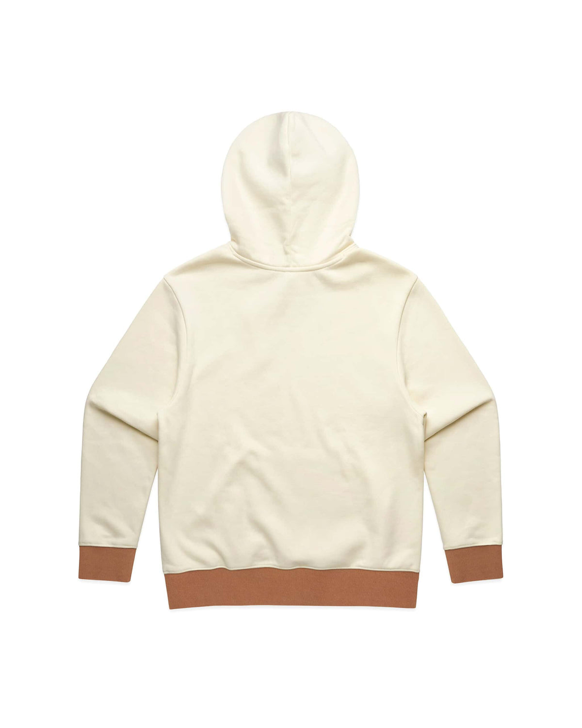 Back of an off-white hoodie featuring brown contrast cuffs, hem ribbing, and a lined hood.