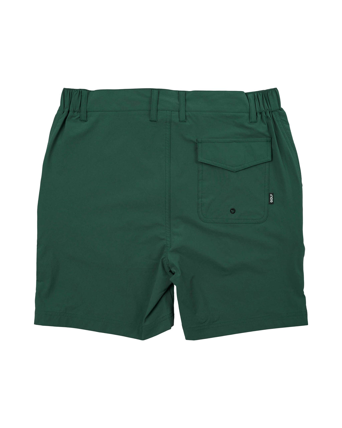 Back of forest green shorts featuring belt loops, side elastic waistbands, and a Velcro back pocket.