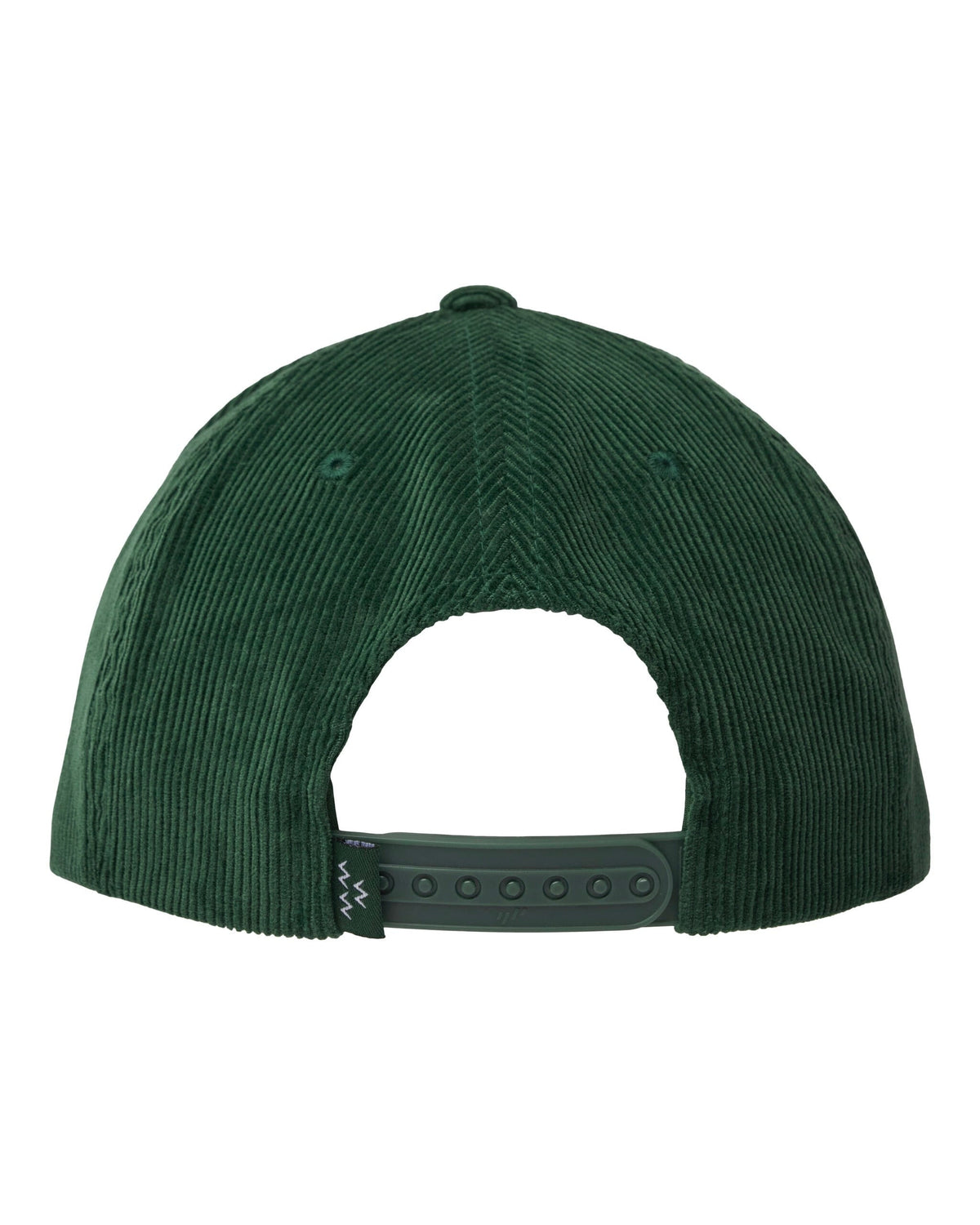 Back of an alpine green corduroy snapback with a matching strap and a small tag on the closure.