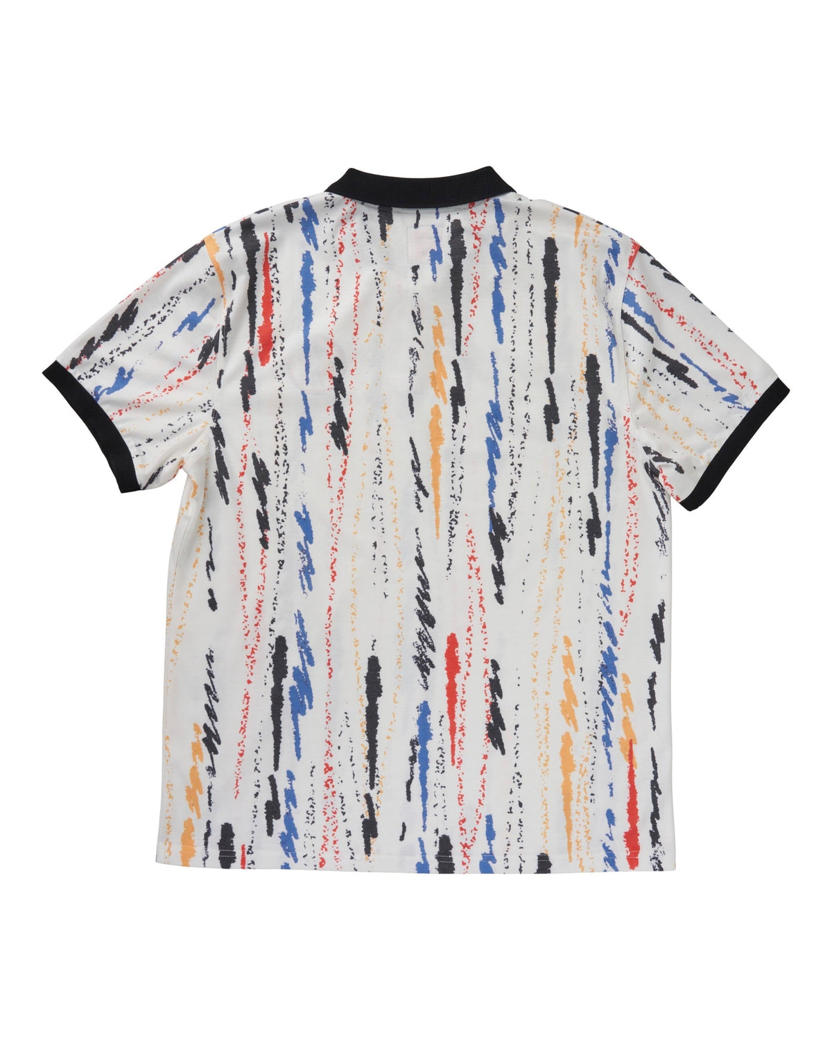 Back of a white polo shirt with a black, red, and blue native Ugandan print and a black collar.