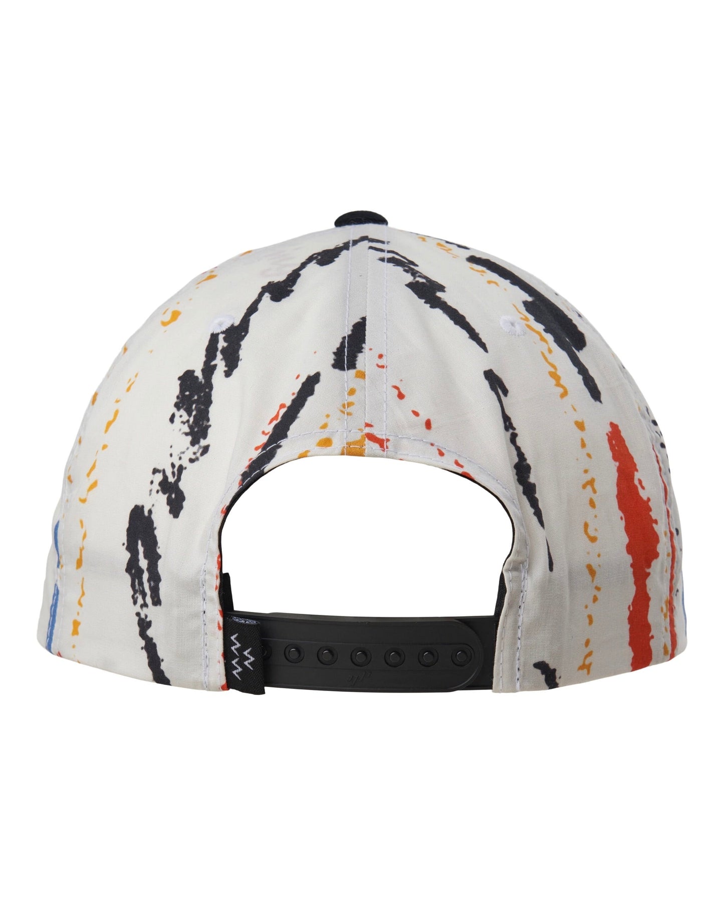 Back of a white 5-panel snapback with a black, orange, and yellow abstract print and black strap.