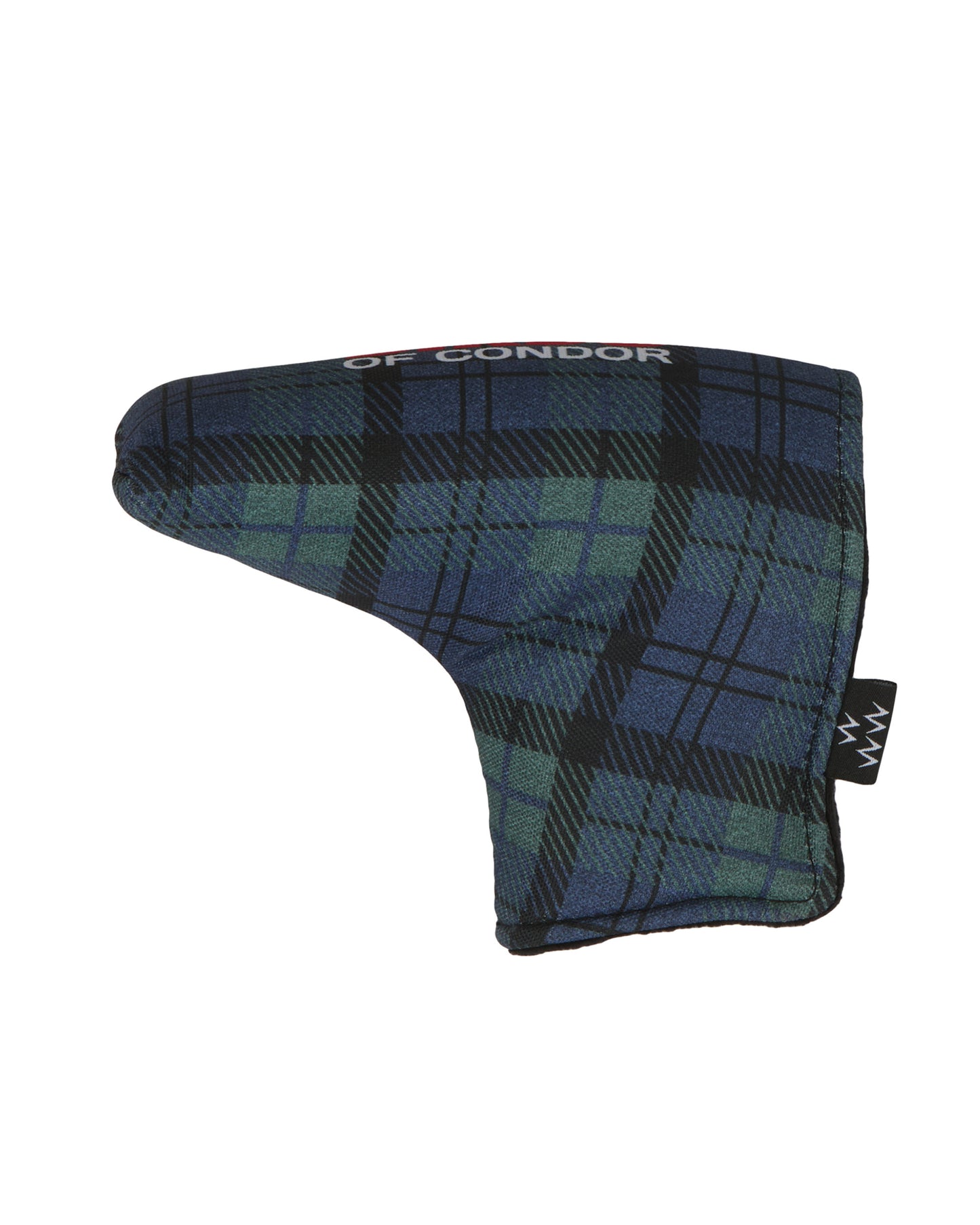 Blue and green plaid blade headcover featuring white text along the top edge and a small logo tab.