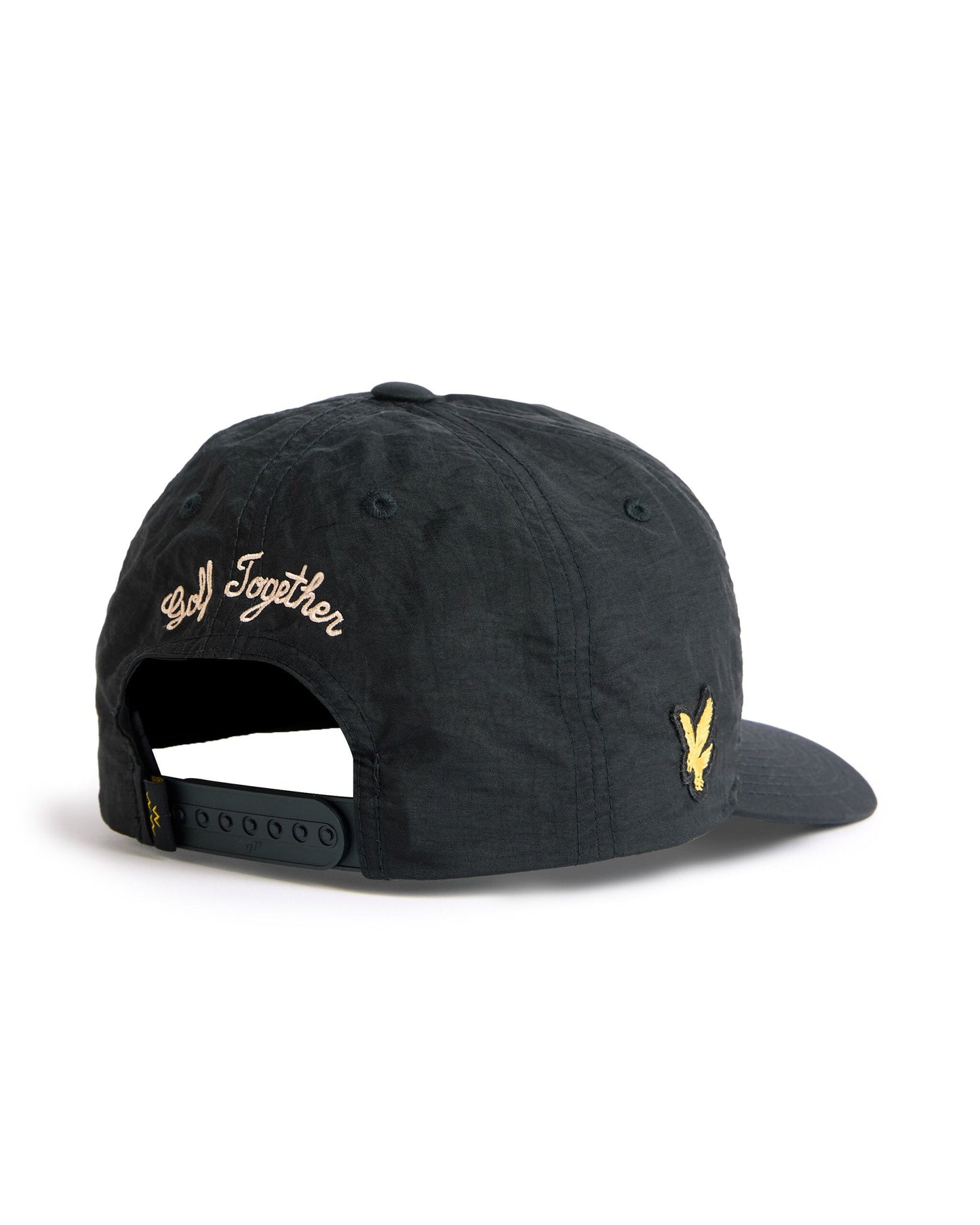 Back of a black nylon snapback with embroidered gold "Golf Together" text and a yellow logo patch.