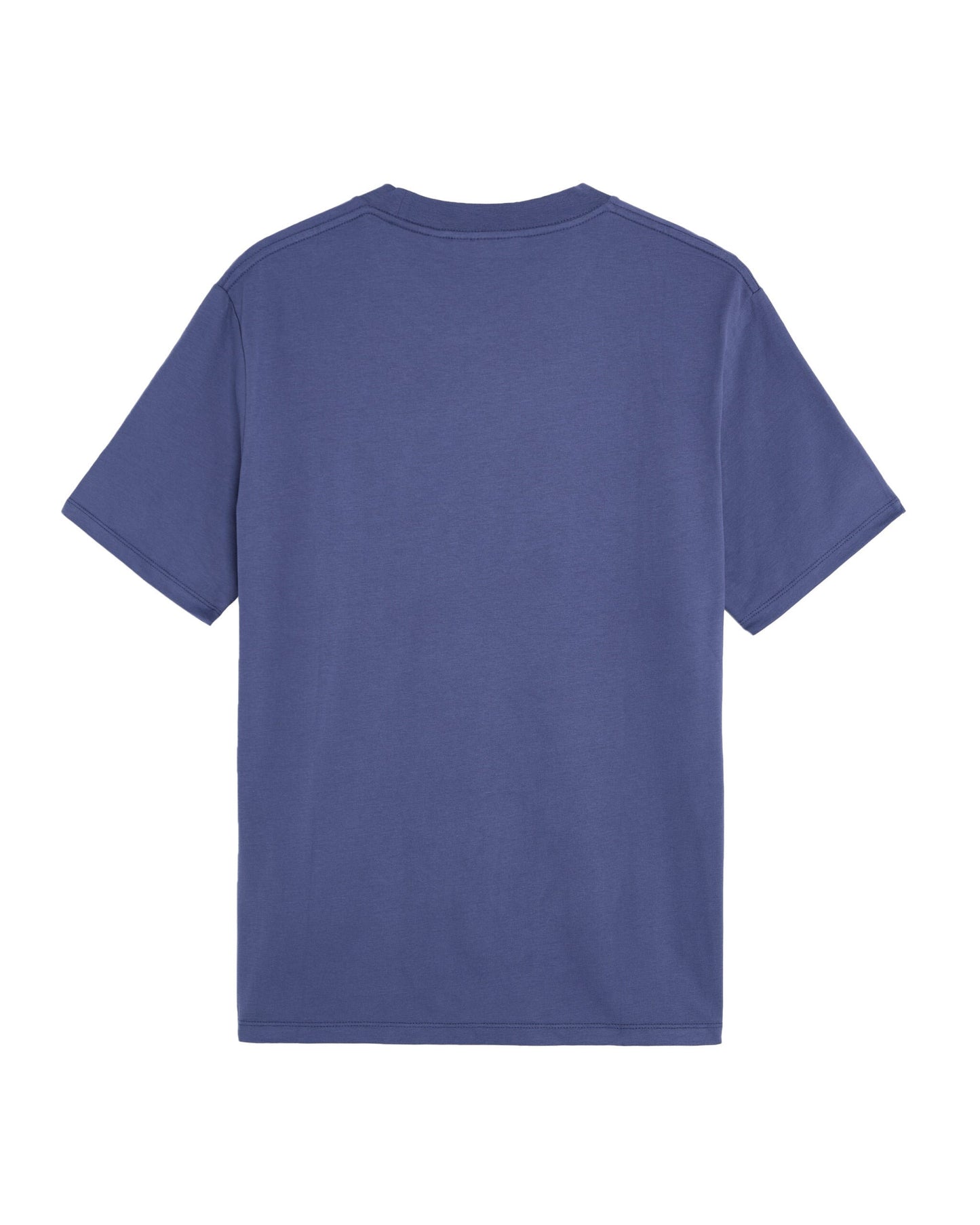 Back of a crown blue short-sleeved cotton t-shirt with a plain back and a simple crew neckline.