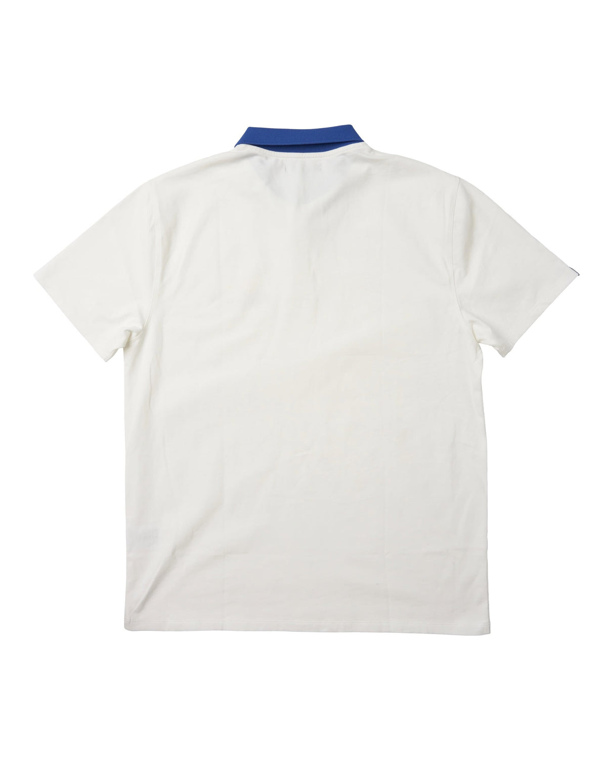Back of an off-white cotton polo shirt featuring short sleeves and a contrasting blue ribbed collar.