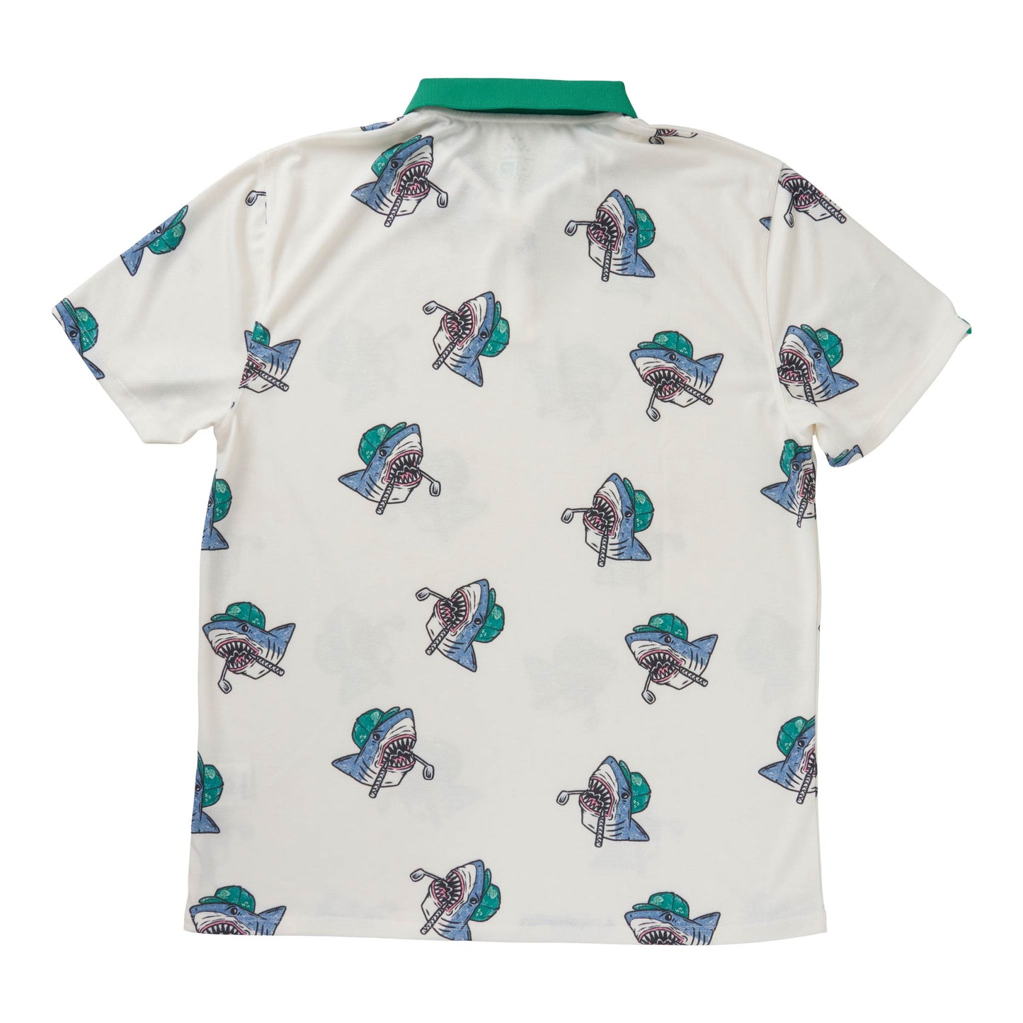 Back of an off-white polo shirt with an all-over shark graphic and a contrasting green collar.