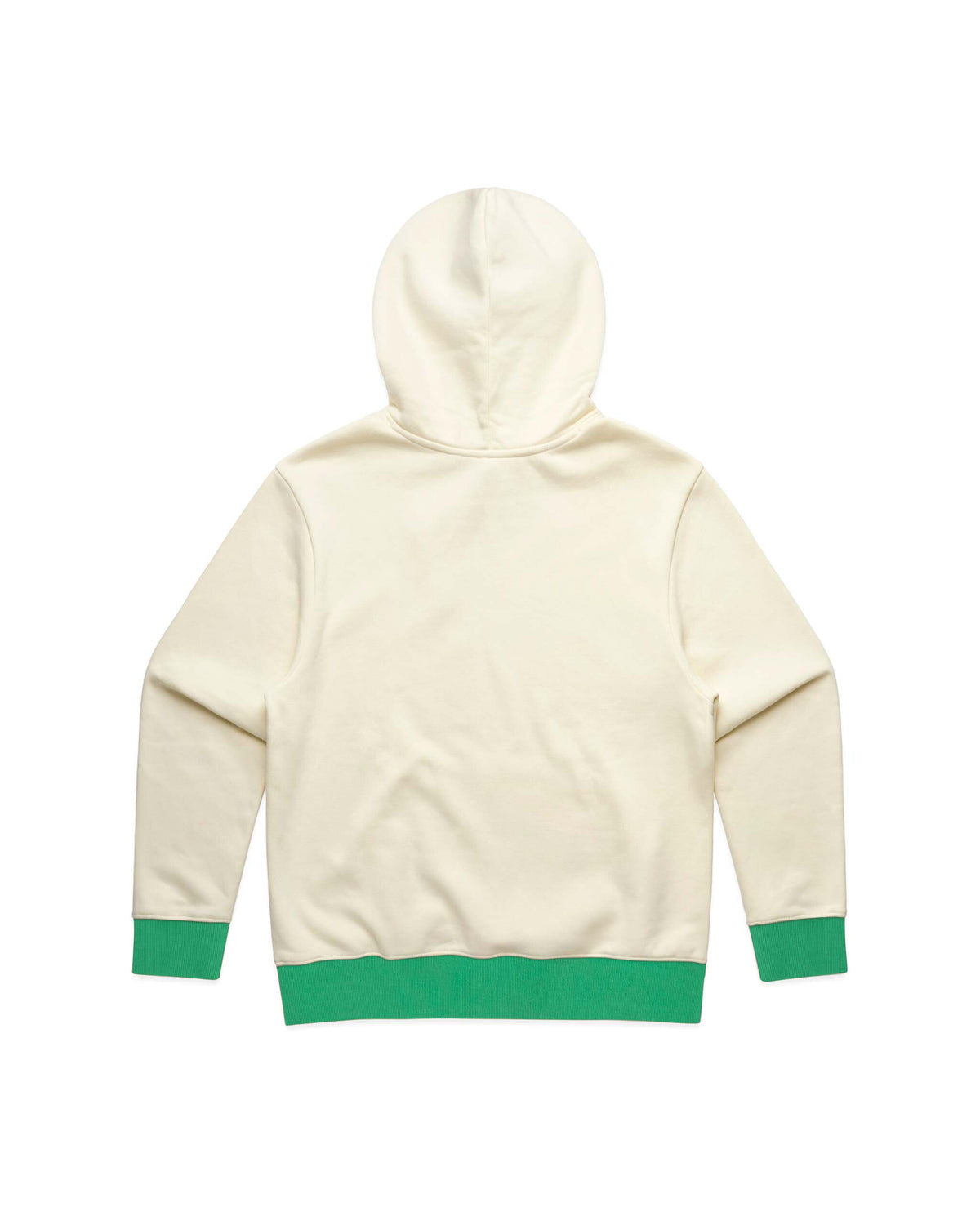 Back of an antique white hoodie with green contrast cuff and hem ribbing and a lined hood.