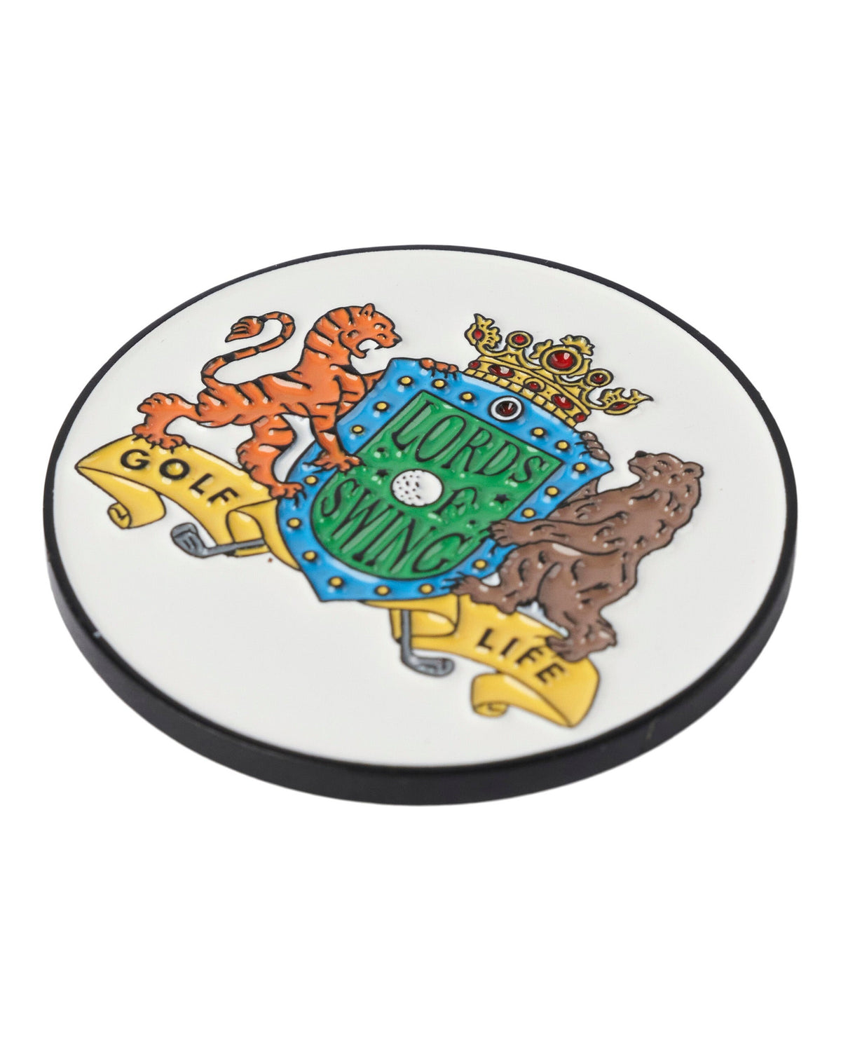 White round metal golf ball marker featuring a coat of arms with a tiger, bear, crown, and golf clubs.
