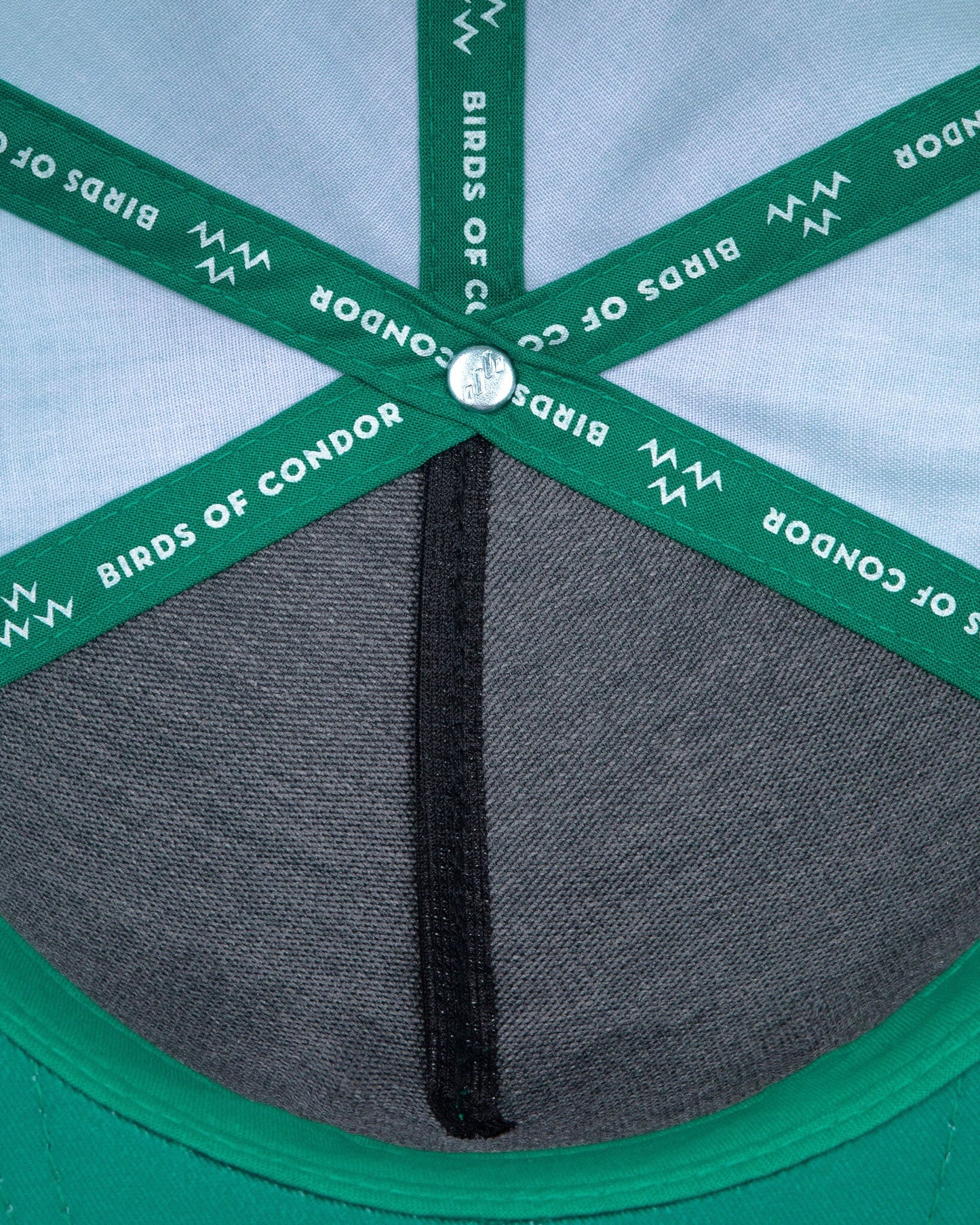 Detail of the interior crown of a green snapback hat featuring branded seam taping.